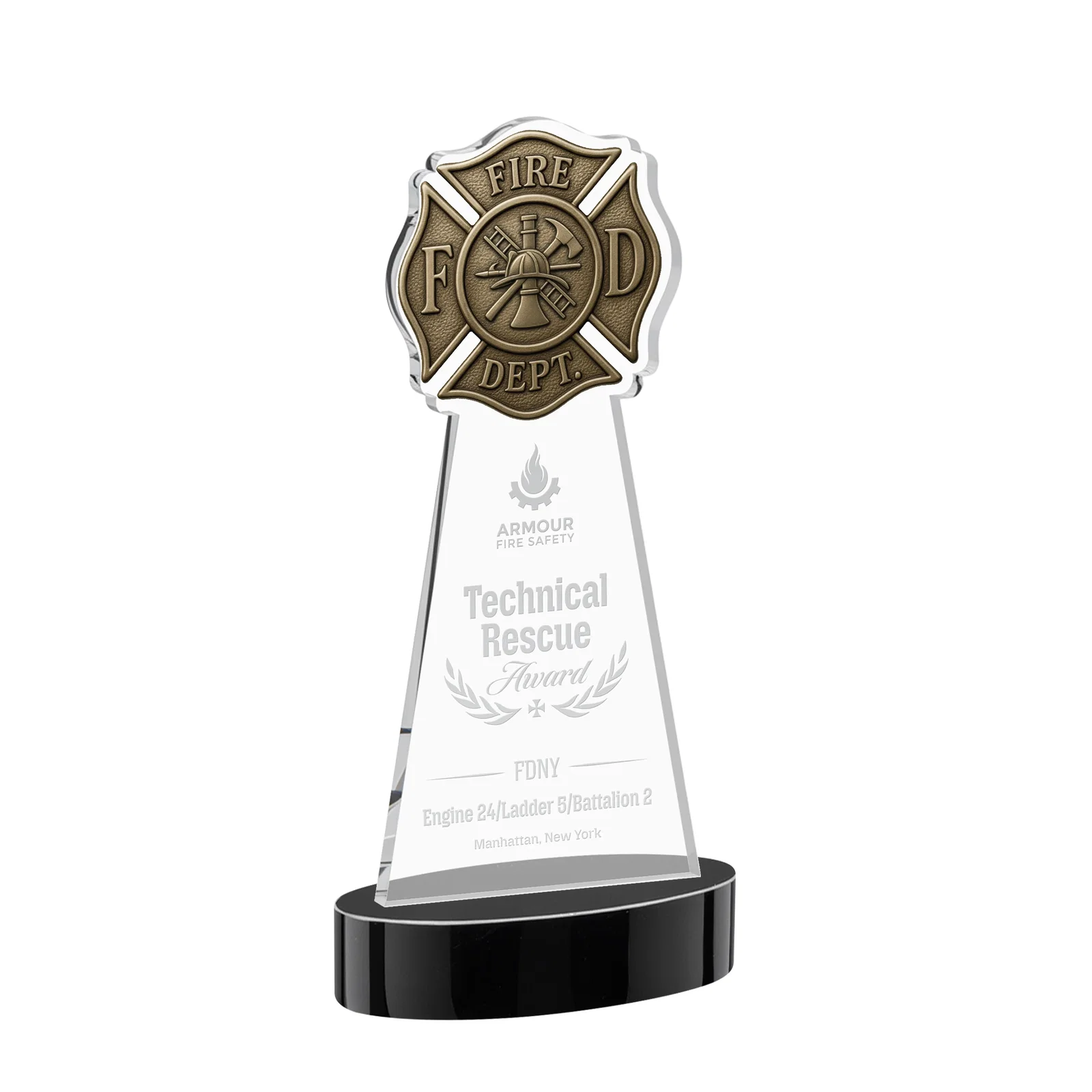 Personalized Starfire Crystal Fire Department Award on Round Alberton Base for team milestone celebrations