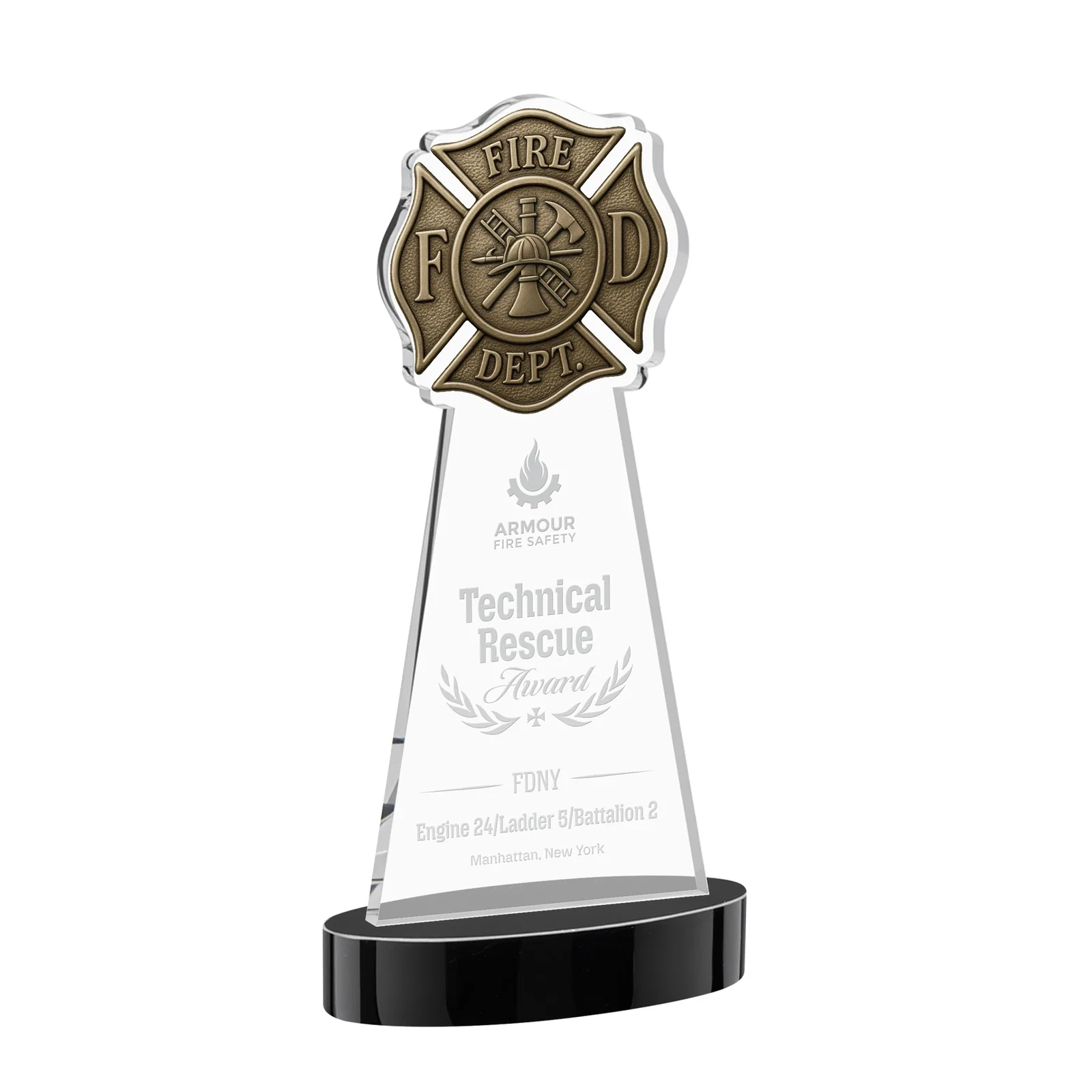 Personalized Starfire Crystal Fire Department Award on Round Alberton Base for donor appreciation