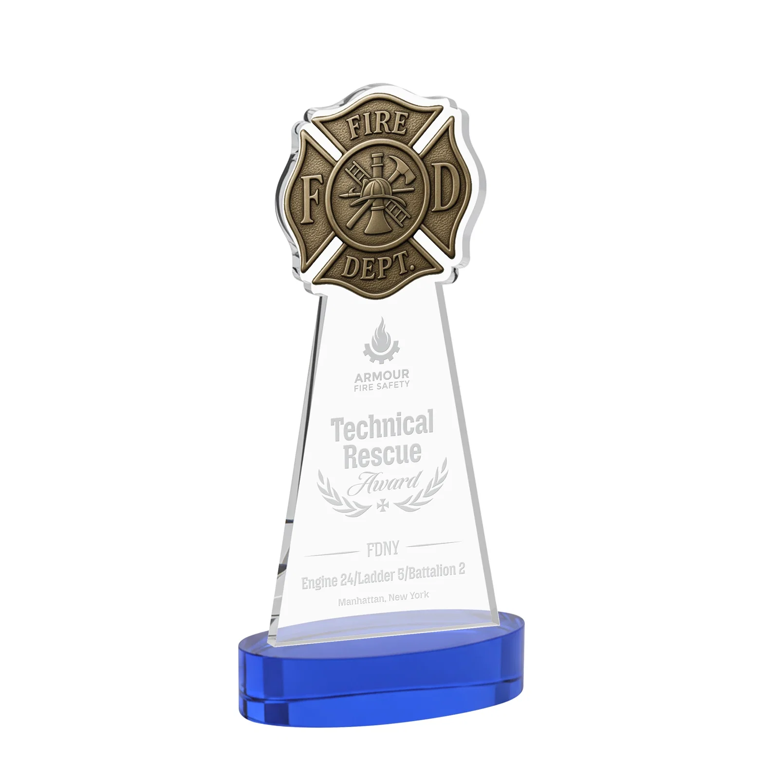 Personalized Starfire Crystal Fire Department Award on Round Alberton Base for volunteer appreciation