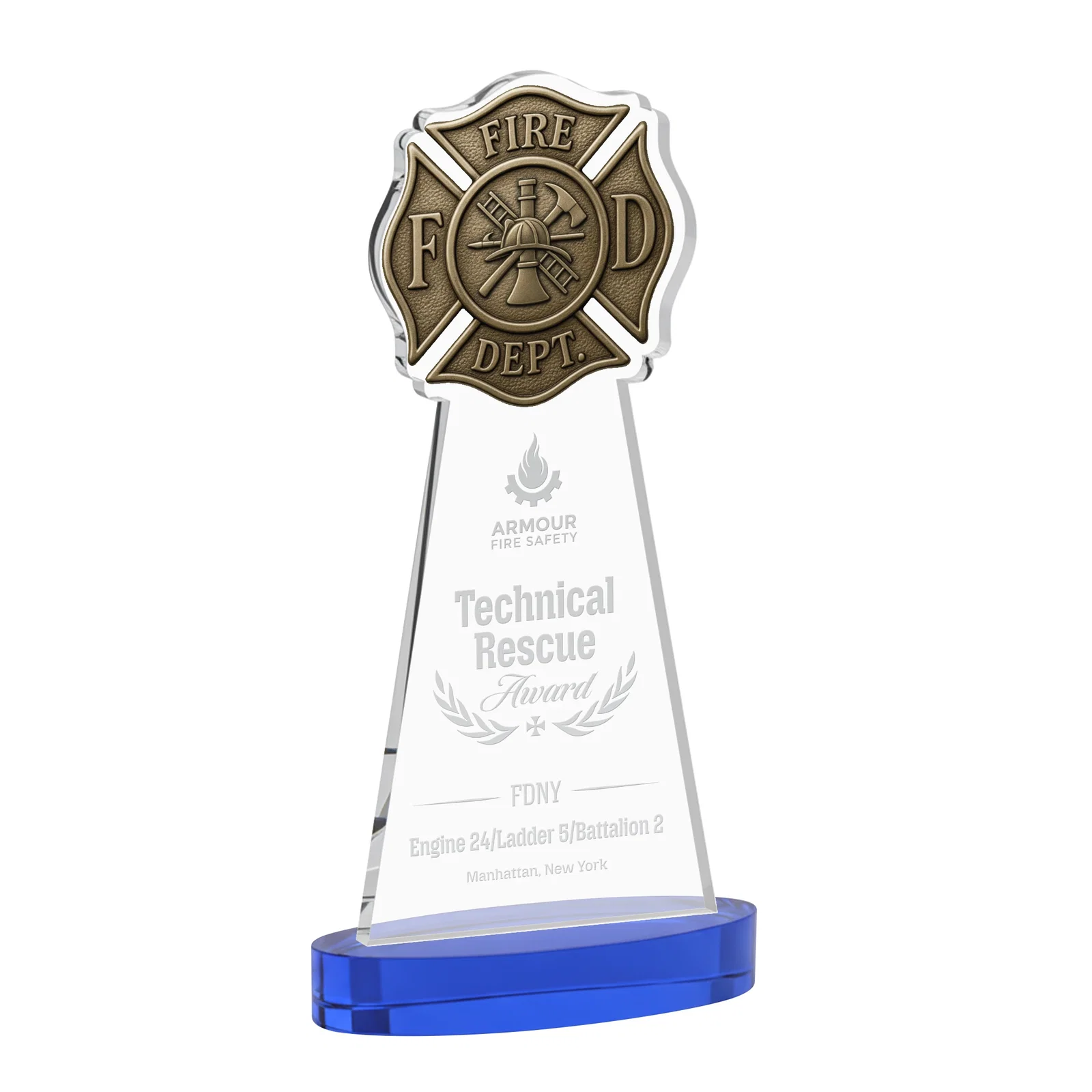 Personalized Starfire Crystal Fire Department Award on Round Alberton Base for company anniversary events