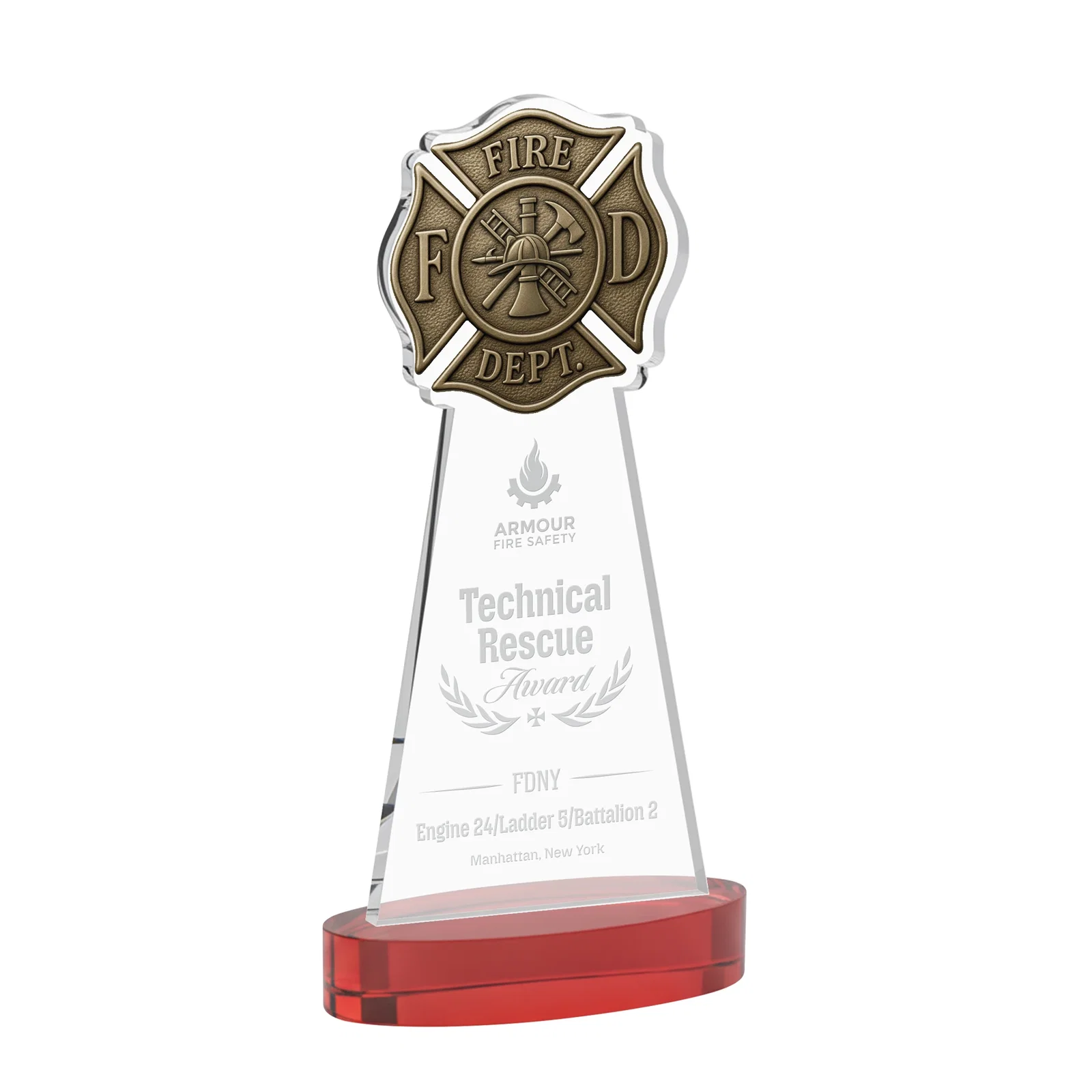 Promotional Starfire Crystal Fire Department Award on Round Alberton Base for service anniversary gifts