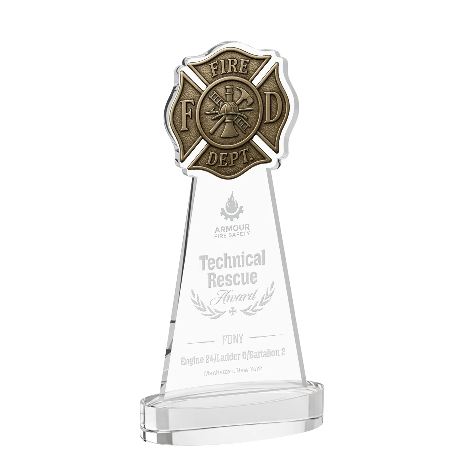Custom Starfire Crystal Fire Department Award on Round Alberton Base for service anniversary gifts