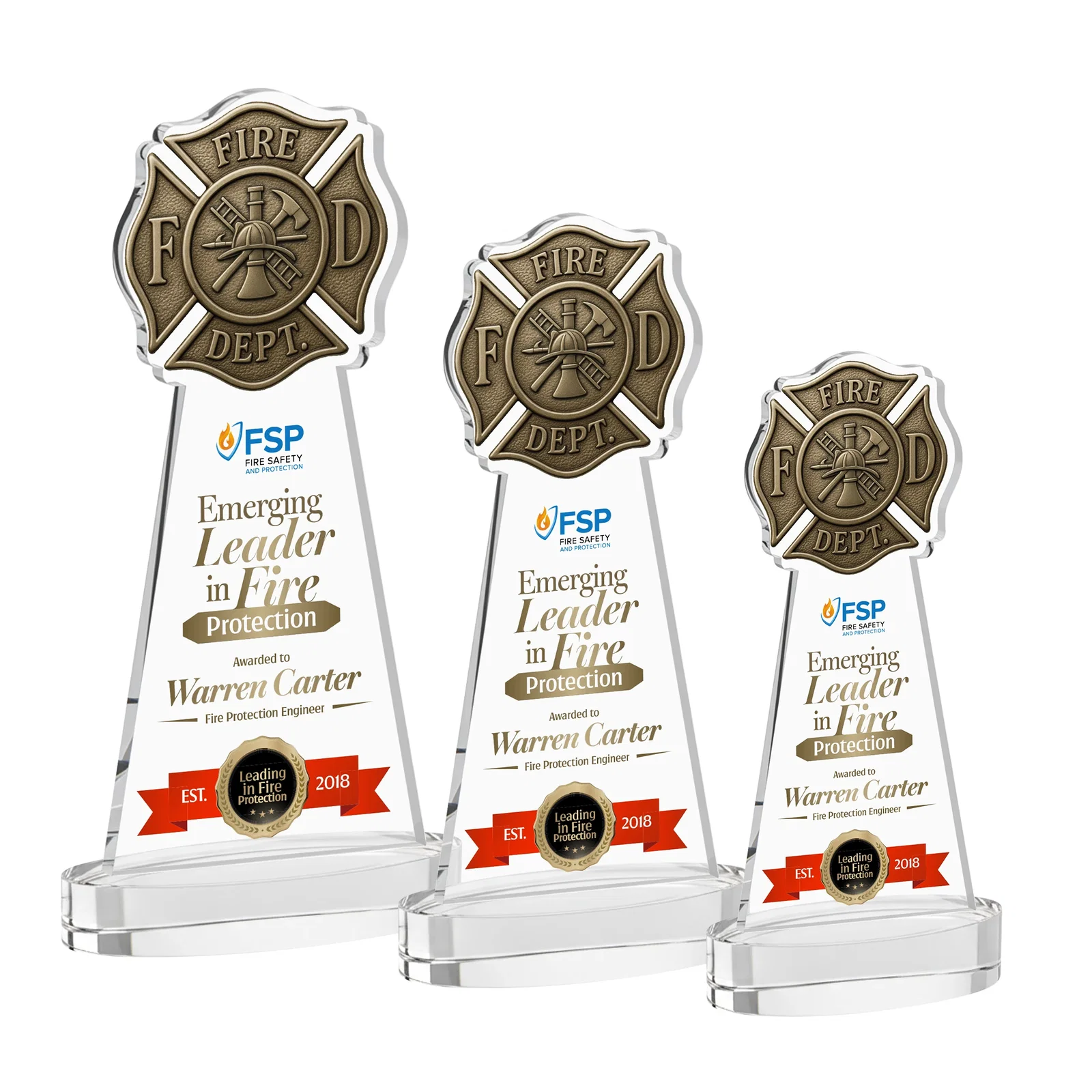 Branded Starfire Crystal Fire Department Award on Round Alberton Base for employee recognition