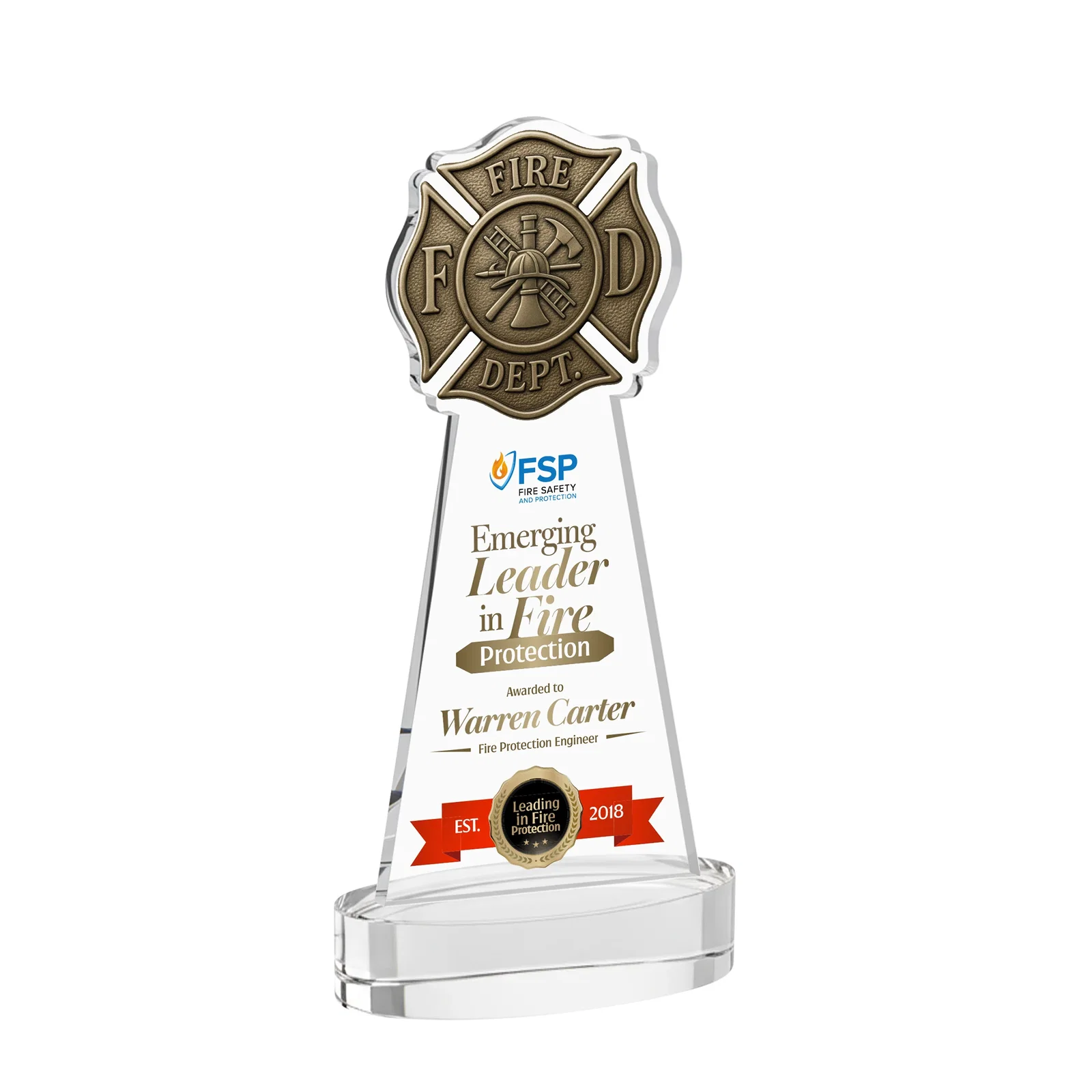Branded Starfire Crystal Fire Department Award on Round Alberton Base for corporate award ceremonies