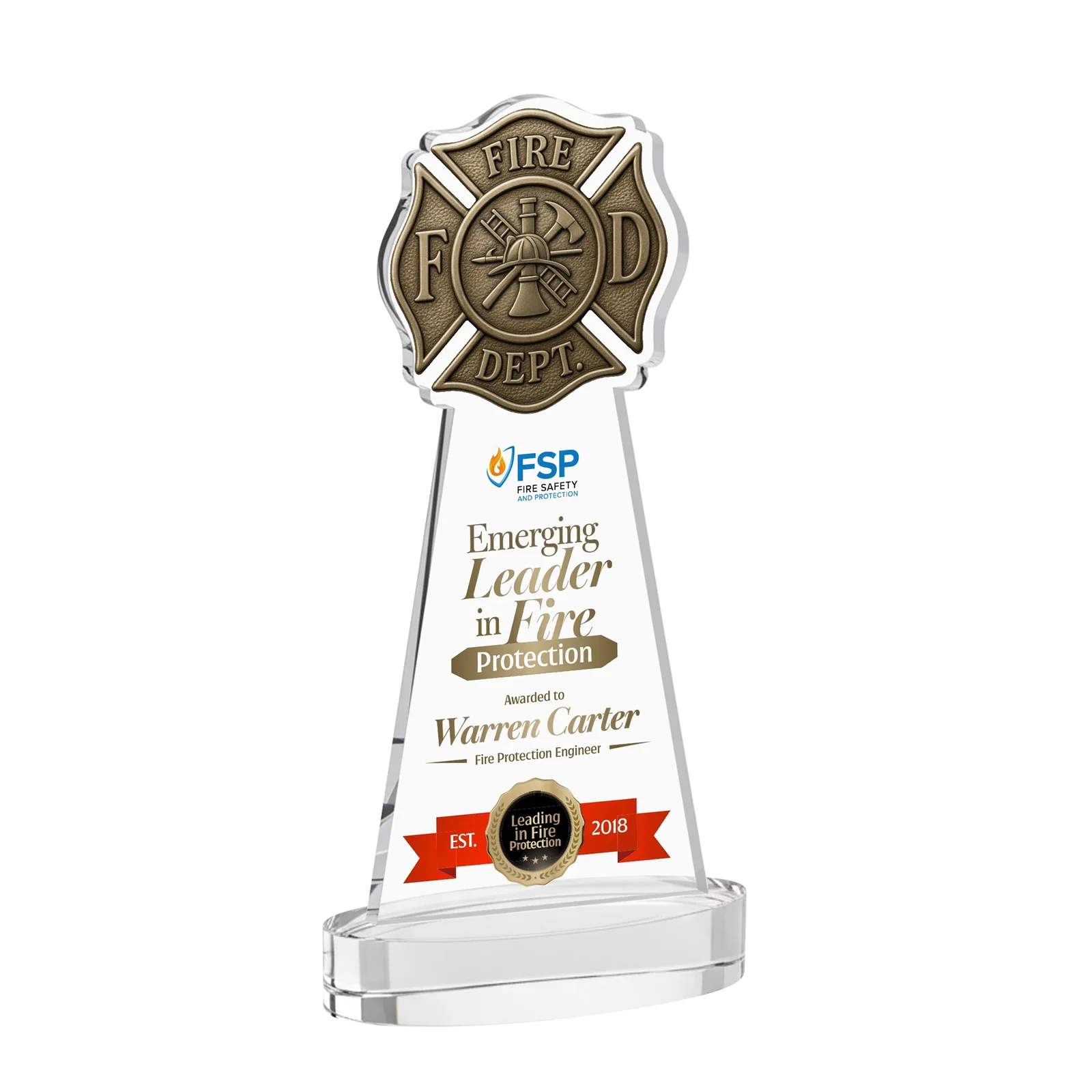 Branded Starfire Crystal Fire Department Award on Round Alberton Base for service anniversary gifts