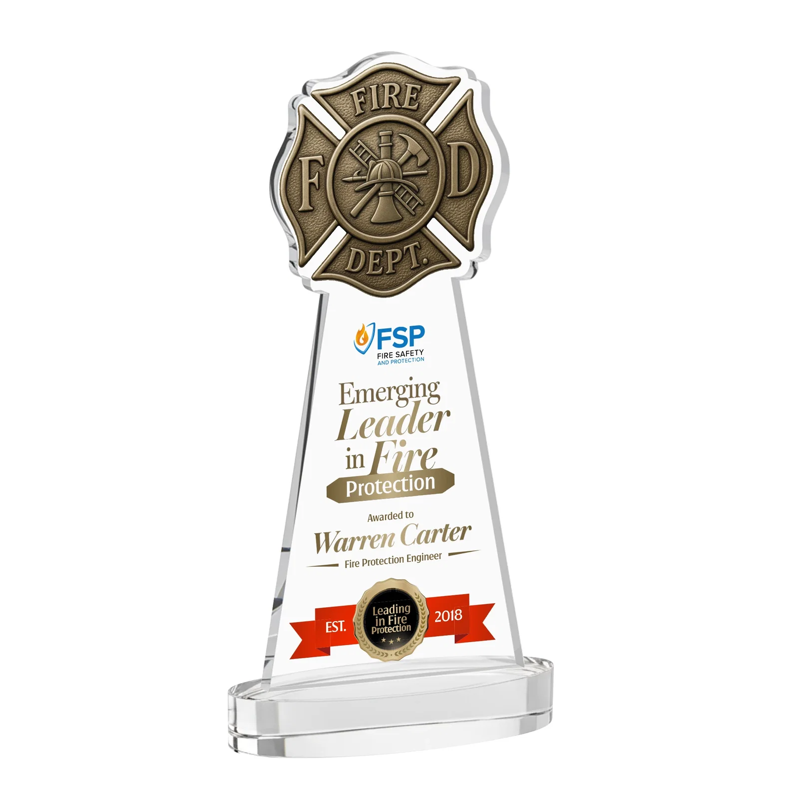 Branded Starfire Crystal Fire Department Award on Round Alberton Base for sales achievement awards