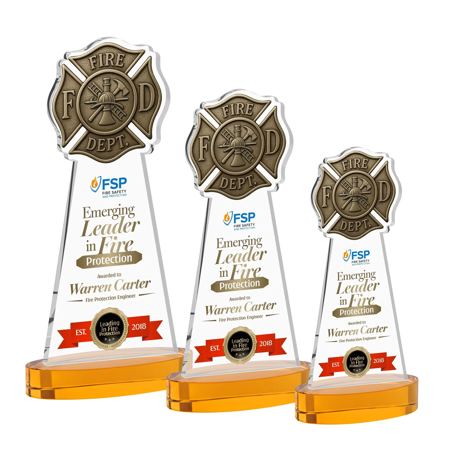 Branded Starfire Crystal Fire Department Award on Round Alberton Base for retirement presentations