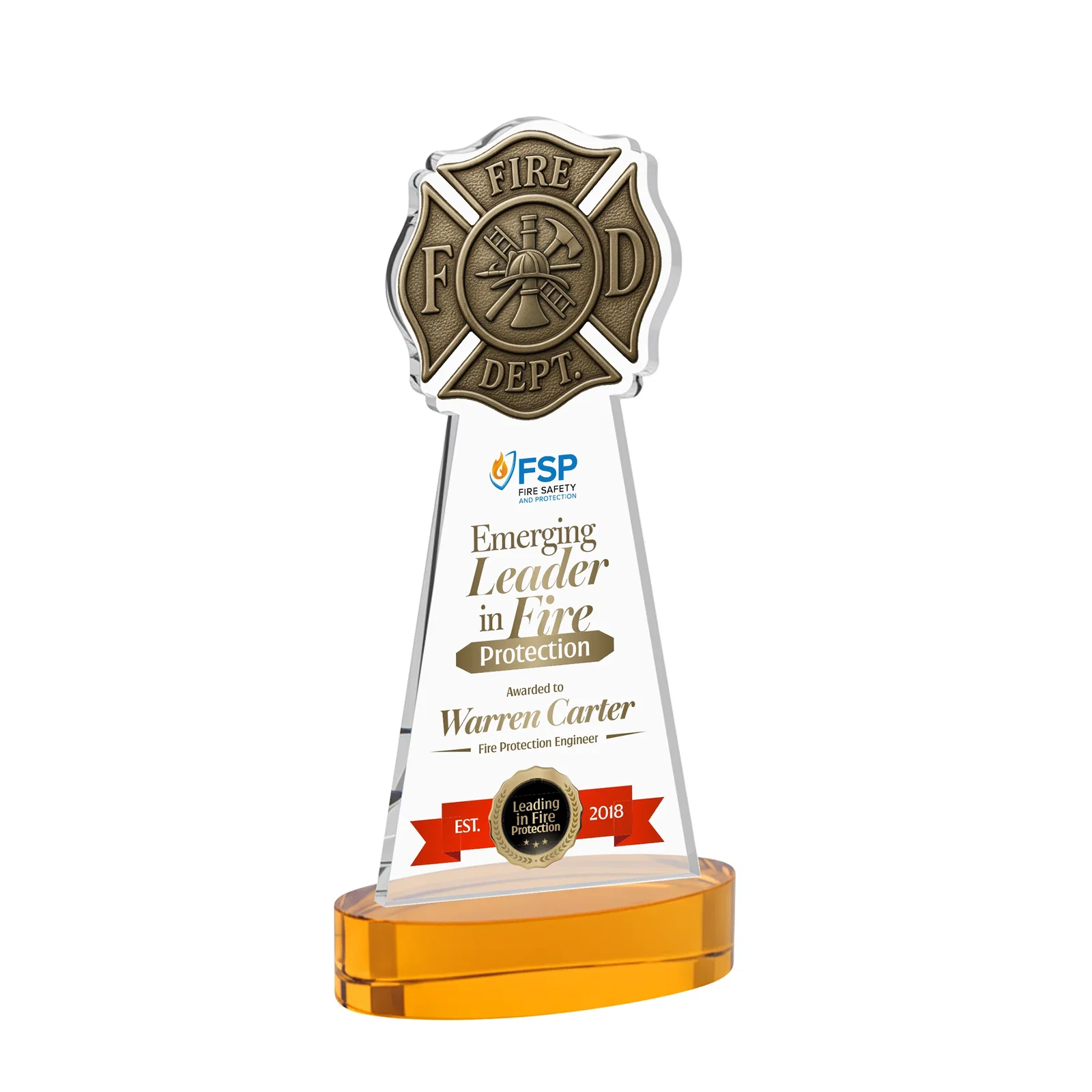 Branded Starfire Crystal Fire Department Award on Round Alberton Base for team milestone celebrations