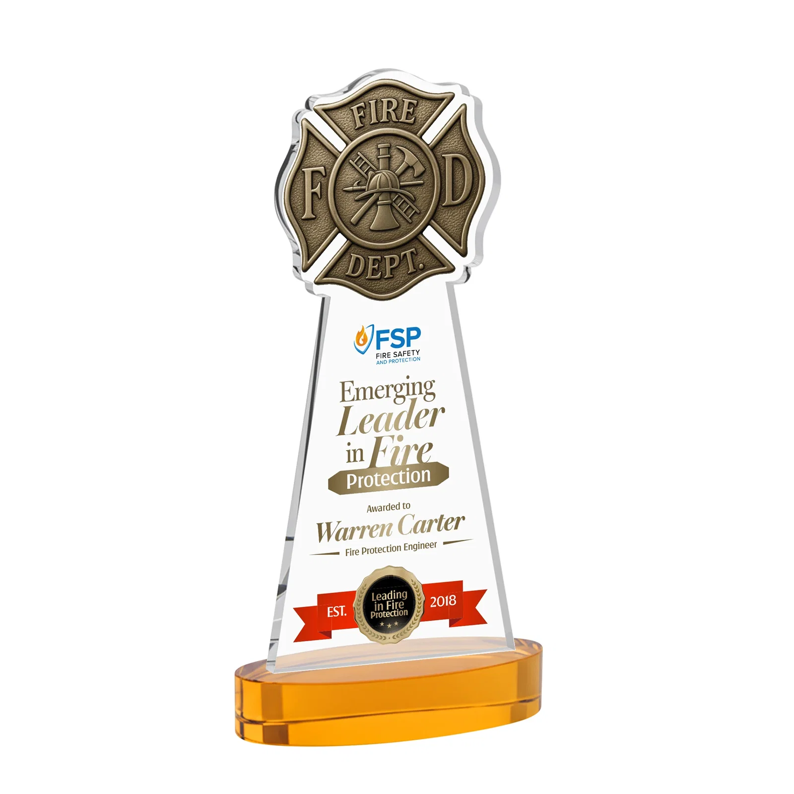 Branded Starfire Crystal Fire Department Award on Round Alberton Base for donor appreciation