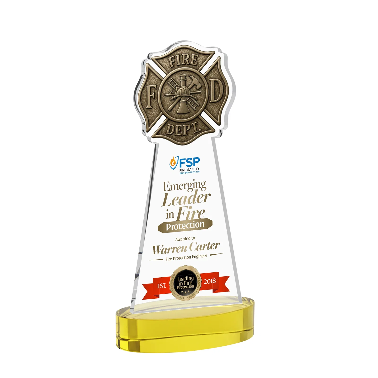 Branded Starfire Crystal Fire Department Award on Round Alberton Base for volunteer appreciation