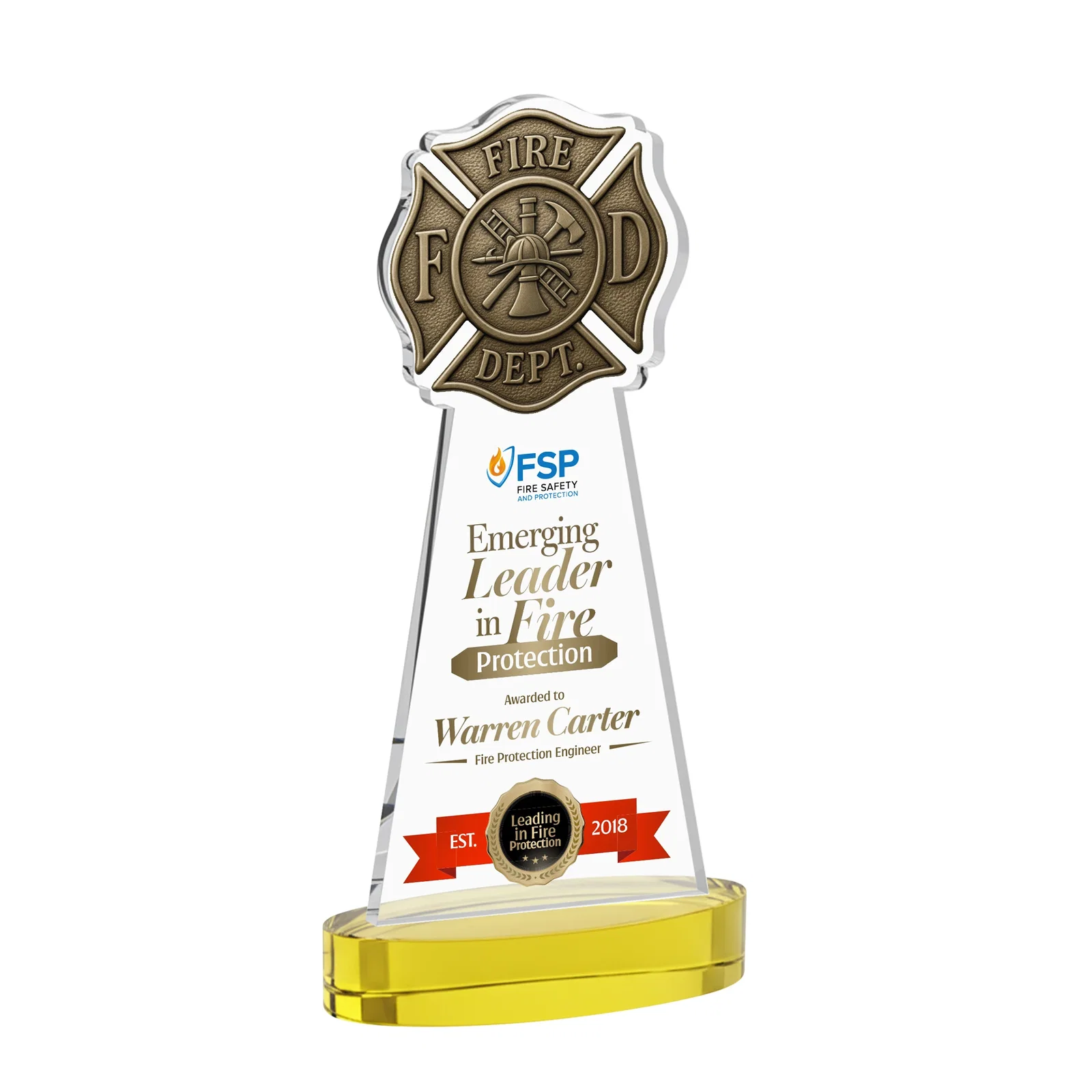 Branded Starfire Crystal Fire Department Award on Round Alberton Base for dealer and partner awards