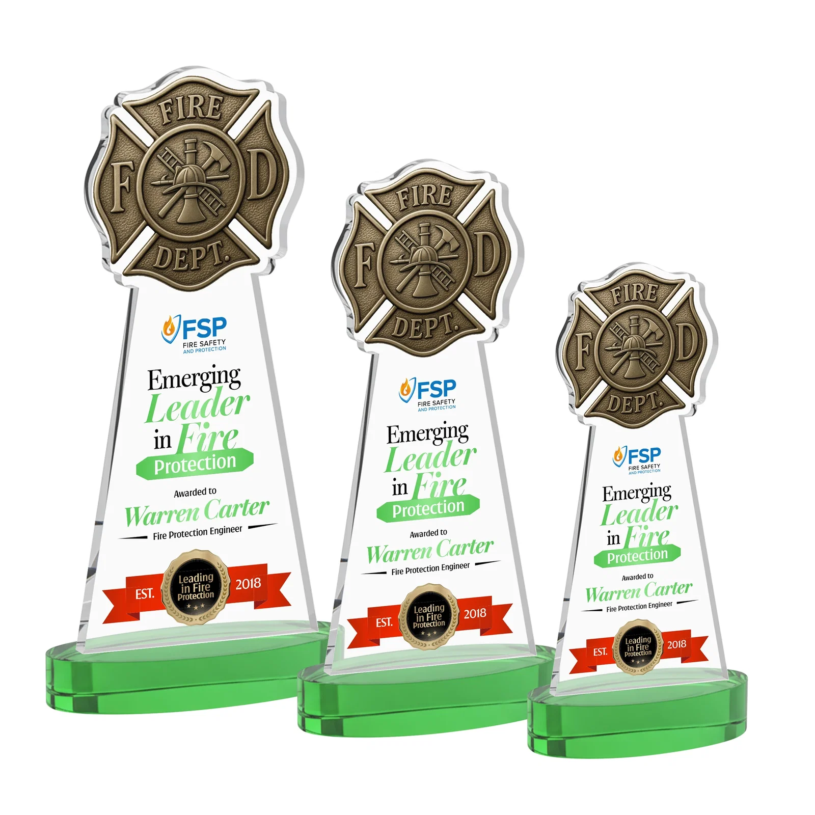 Custom printed Starfire Crystal Fire Department Award on Round Alberton Base for employee recognition
