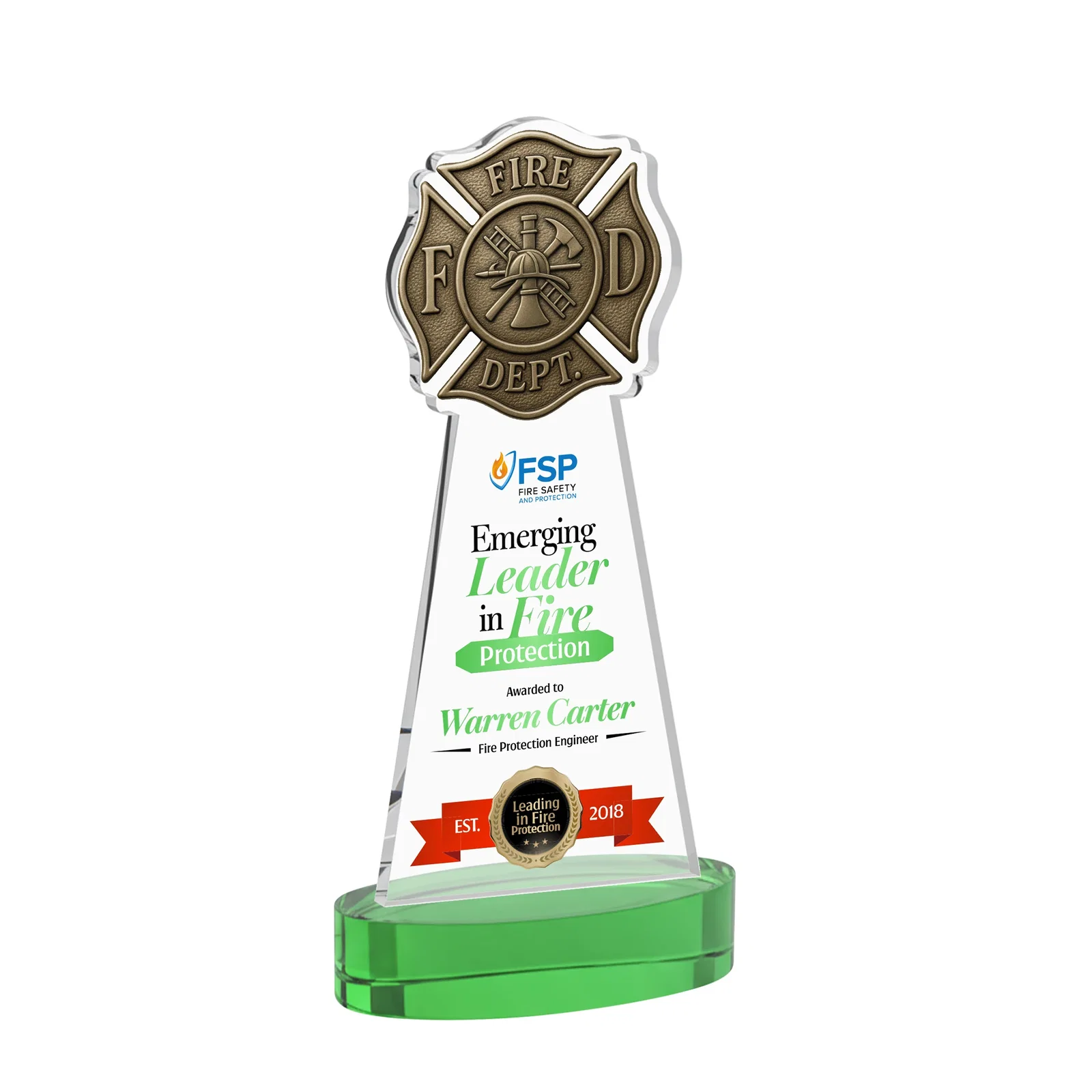 Custom printed Starfire Crystal Fire Department Award on Round Alberton Base for corporate award ceremonies