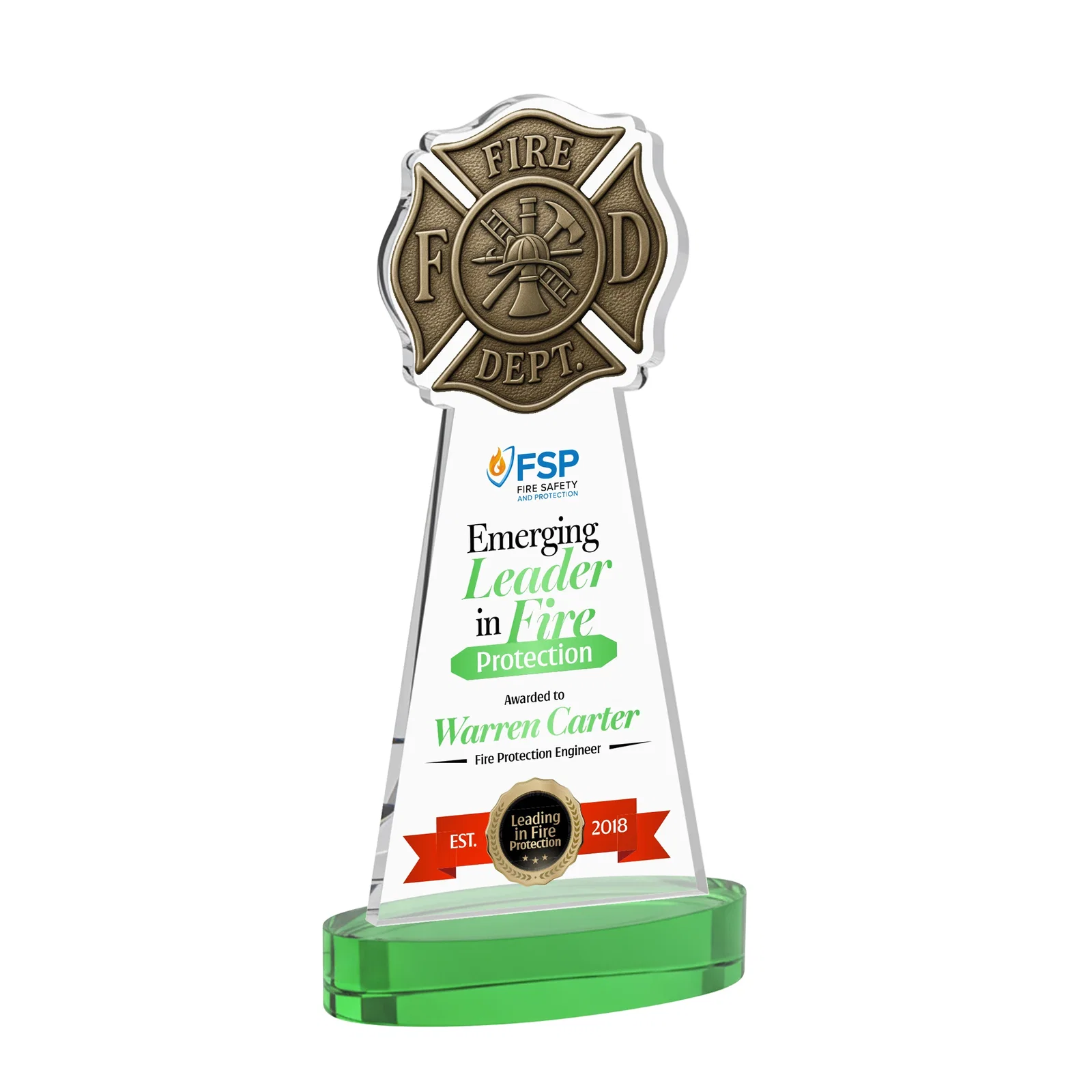 Custom printed Starfire Crystal Fire Department Award on Round Alberton Base for service anniversary gifts