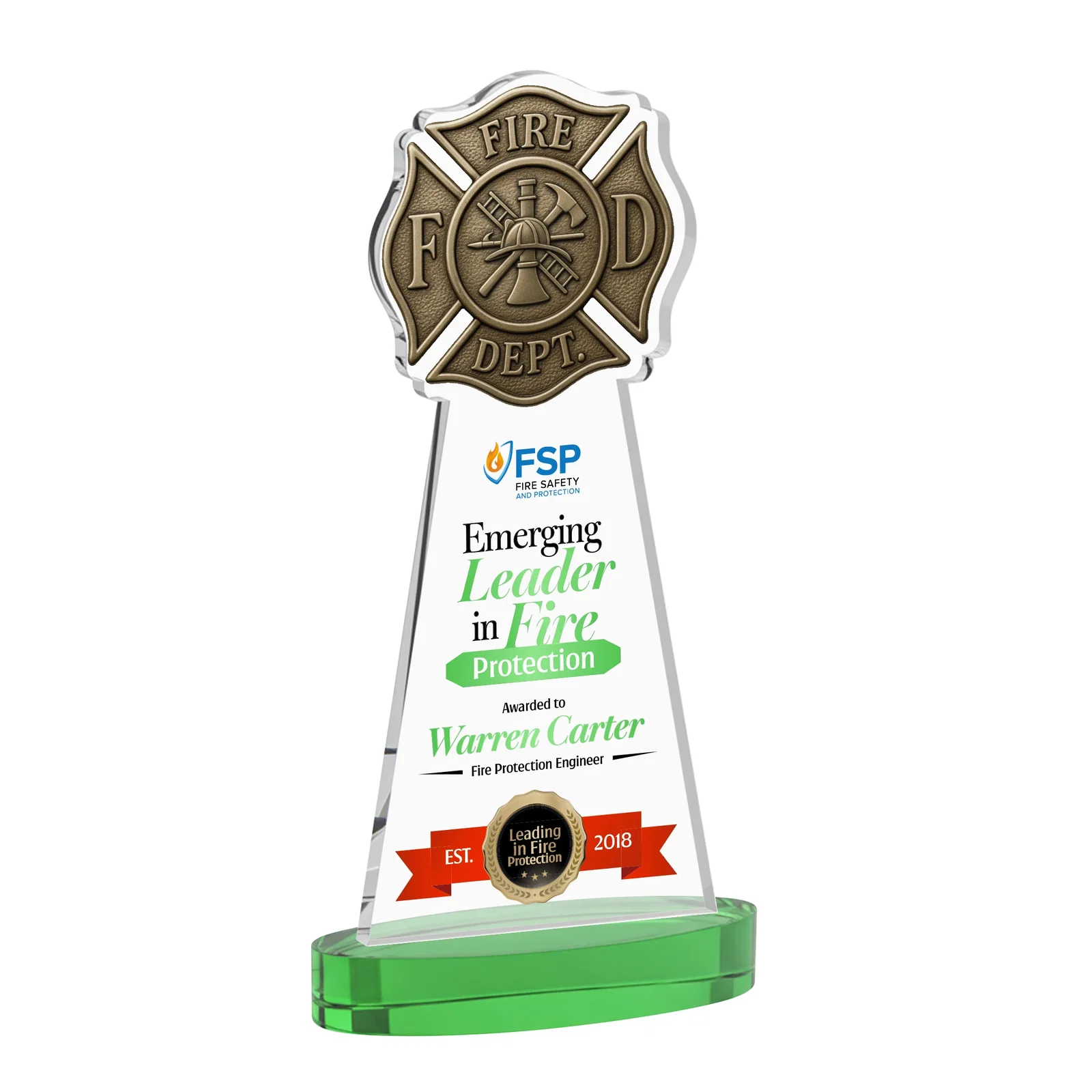 Custom printed Starfire Crystal Fire Department Award on Round Alberton Base for sales achievement awards