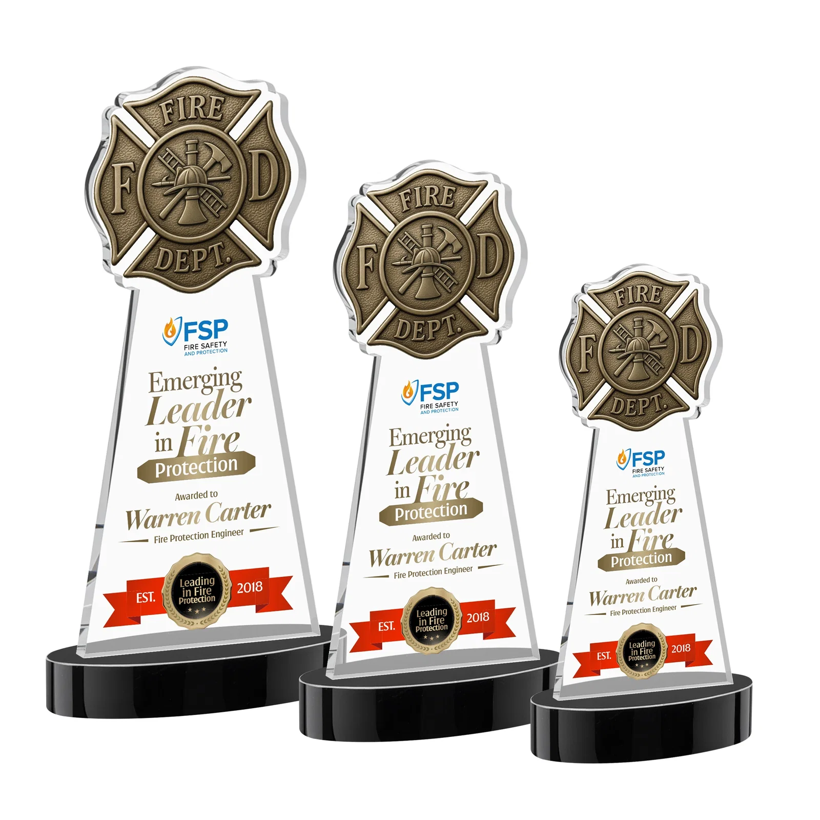 Custom printed Starfire Crystal Fire Department Award on Round Alberton Base for retirement presentations