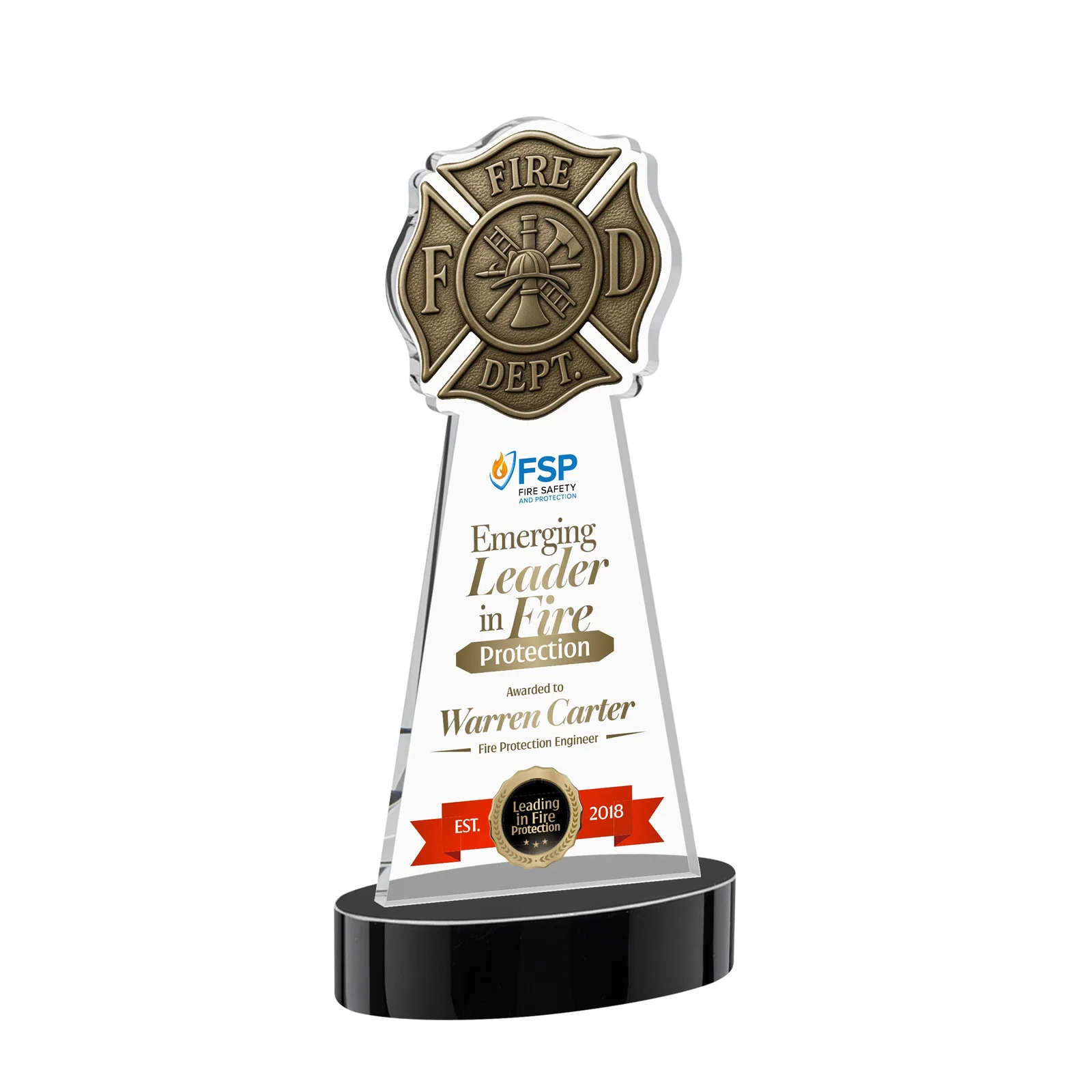 Custom printed Starfire Crystal Fire Department Award on Round Alberton Base for team milestone celebrations