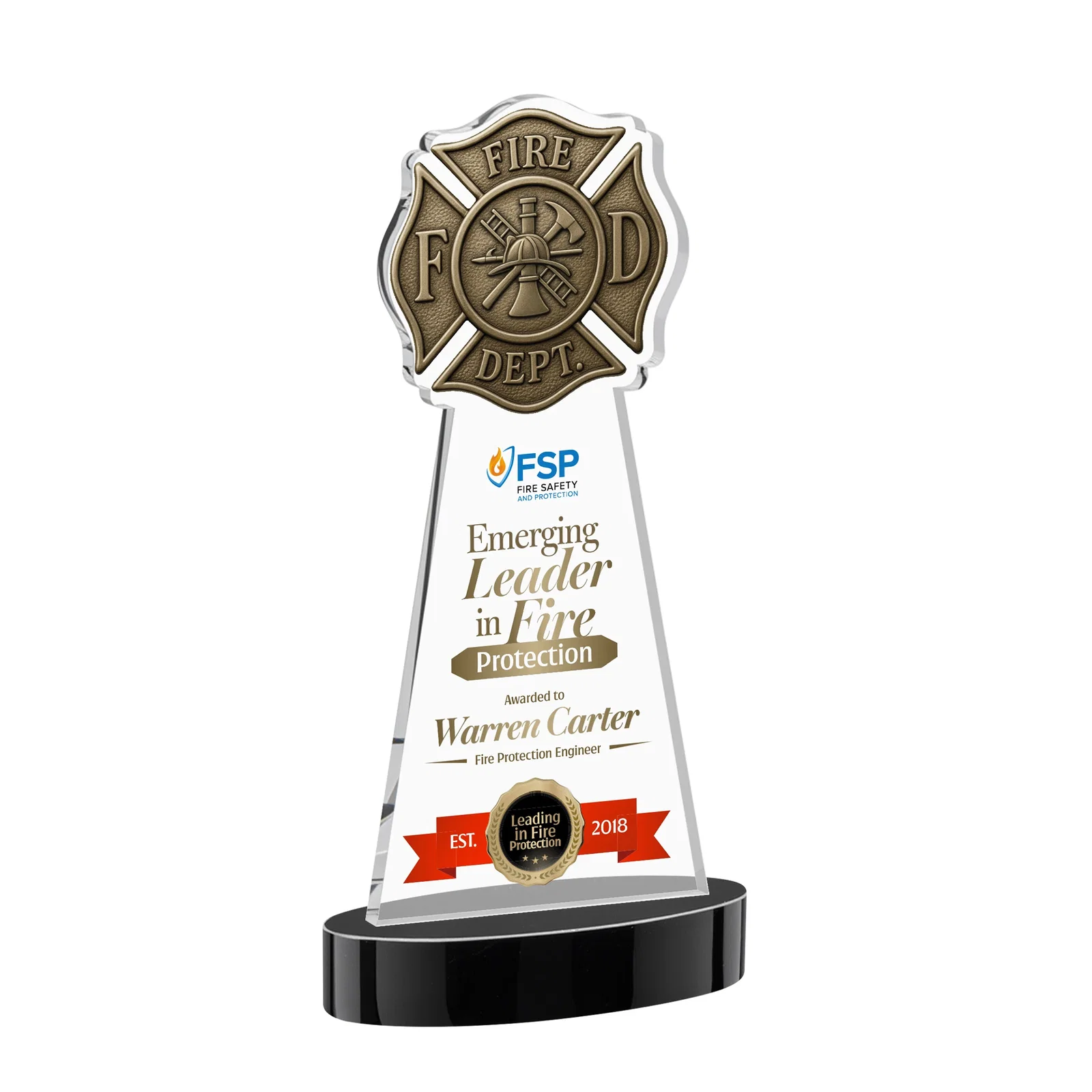 Custom printed Starfire Crystal Fire Department Award on Round Alberton Base for donor appreciation