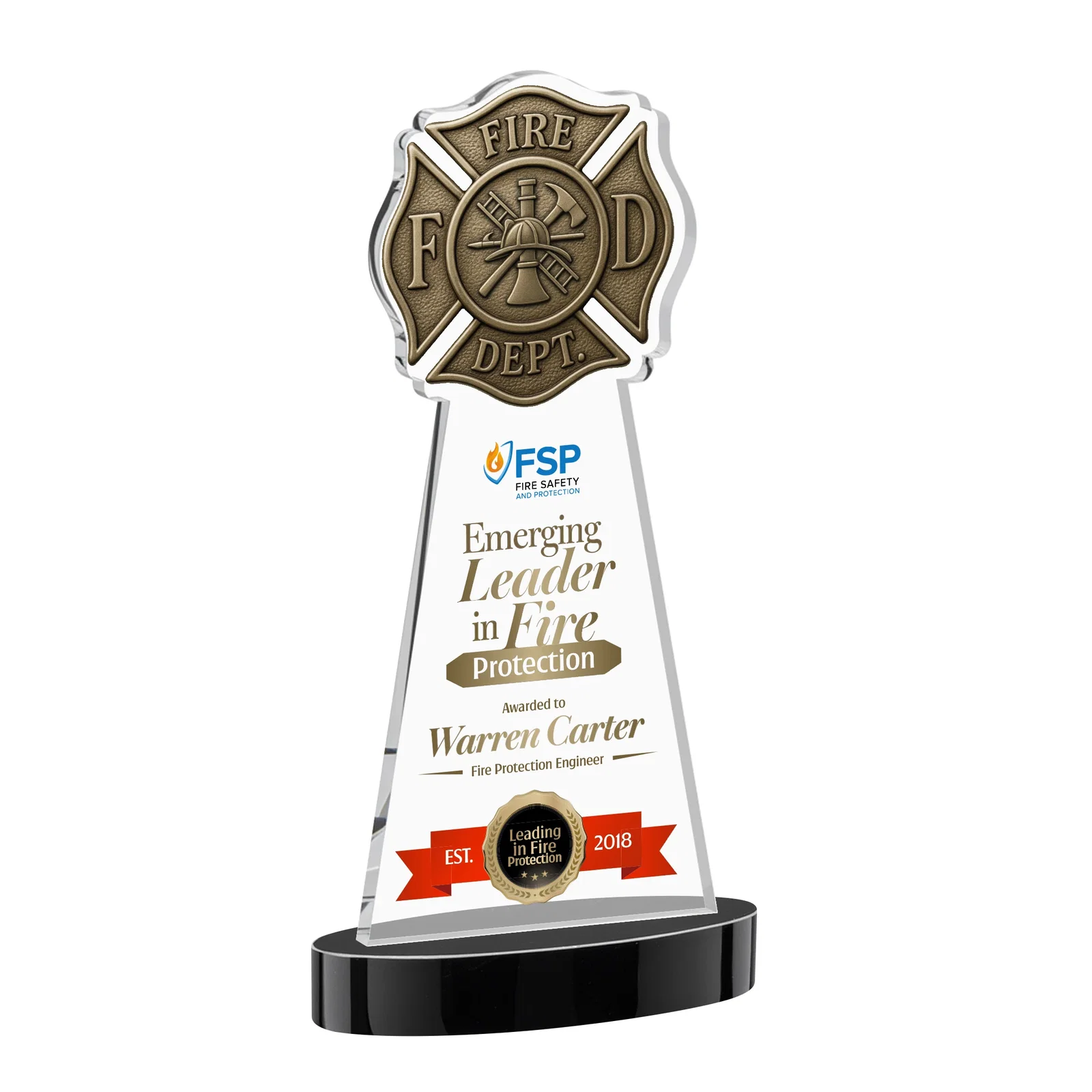 Custom printed Starfire Crystal Fire Department Award on Round Alberton Base for graduation ceremonies