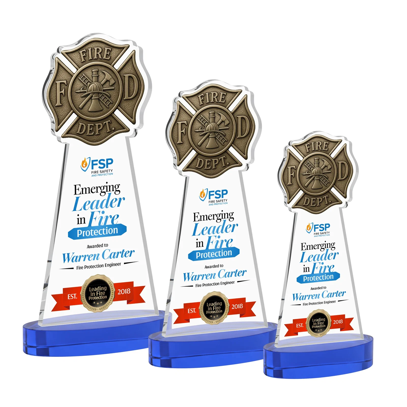 Custom printed Starfire Crystal Fire Department Award on Round Alberton Base for safety achievement programs