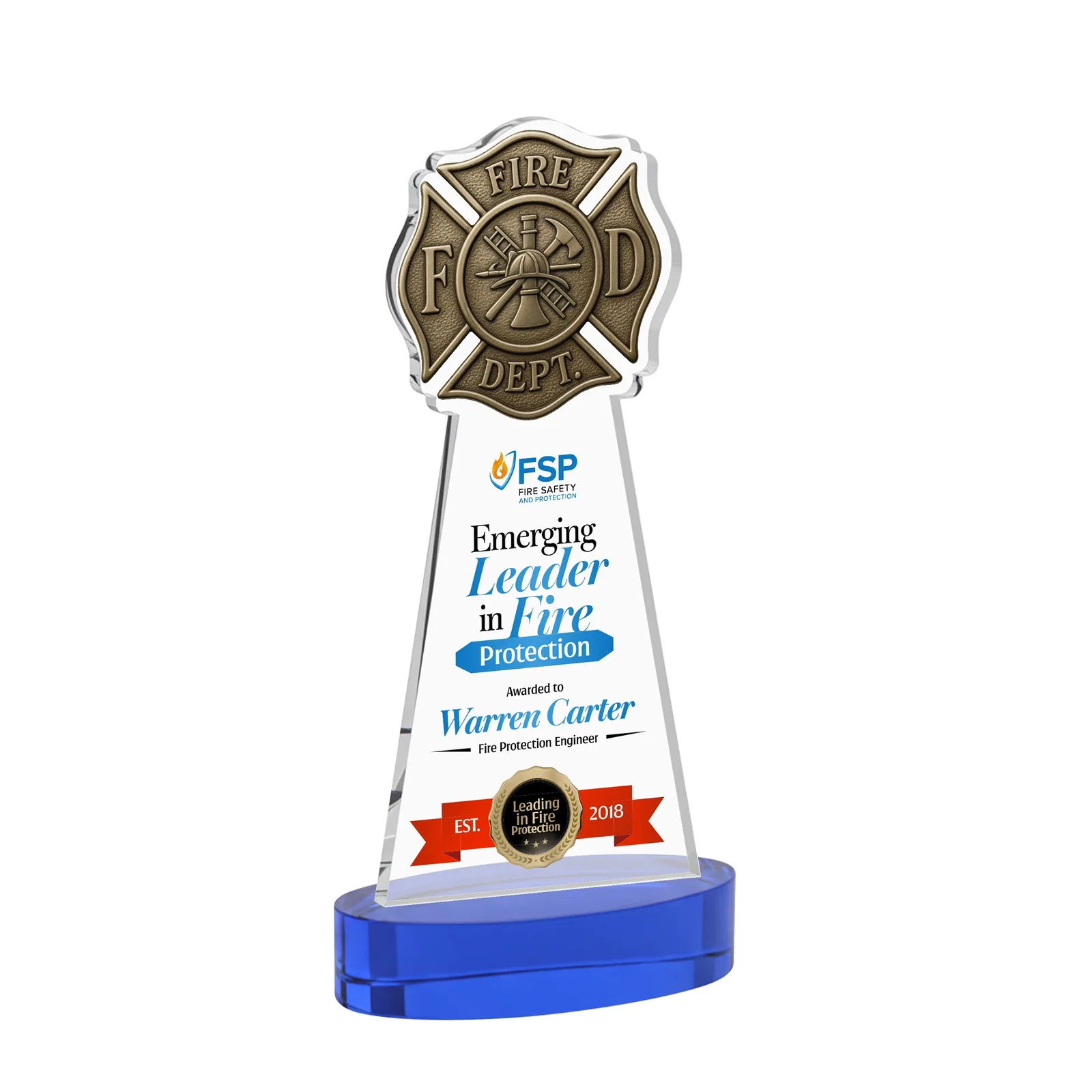 Custom printed Starfire Crystal Fire Department Award on Round Alberton Base for volunteer appreciation