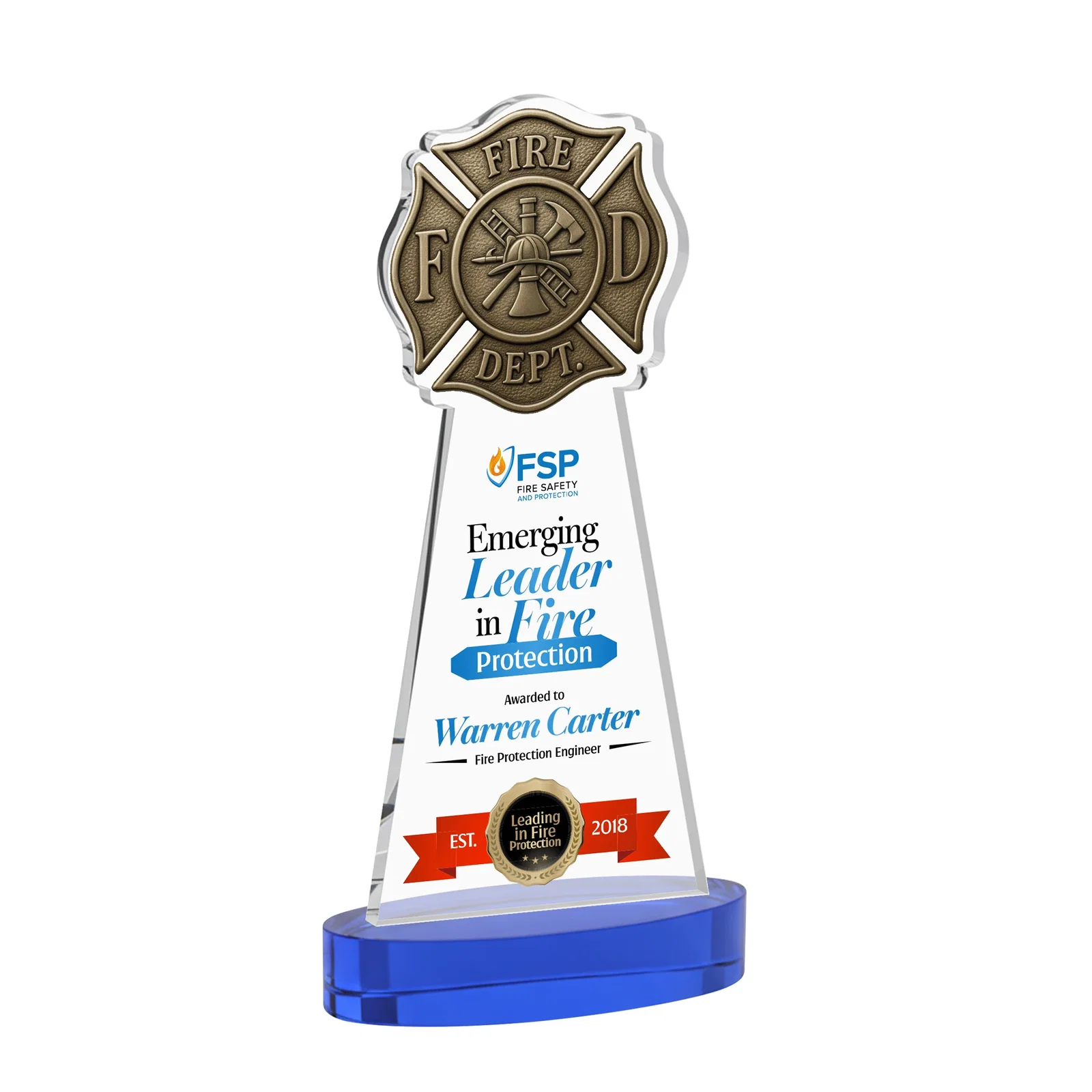 Custom printed Starfire Crystal Fire Department Award on Round Alberton Base for dealer and partner awards