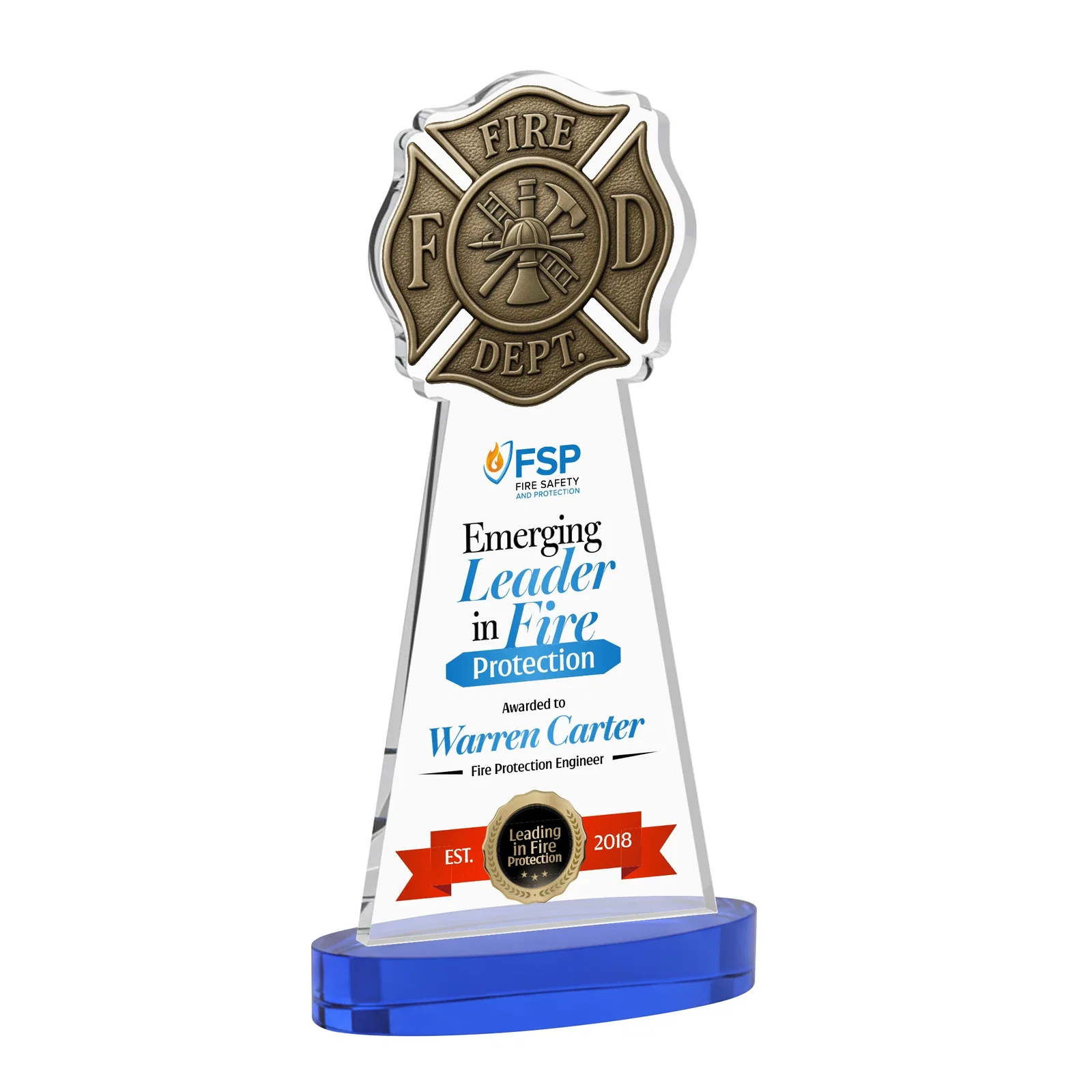 Custom printed Starfire Crystal Fire Department Award on Round Alberton Base for company anniversary events