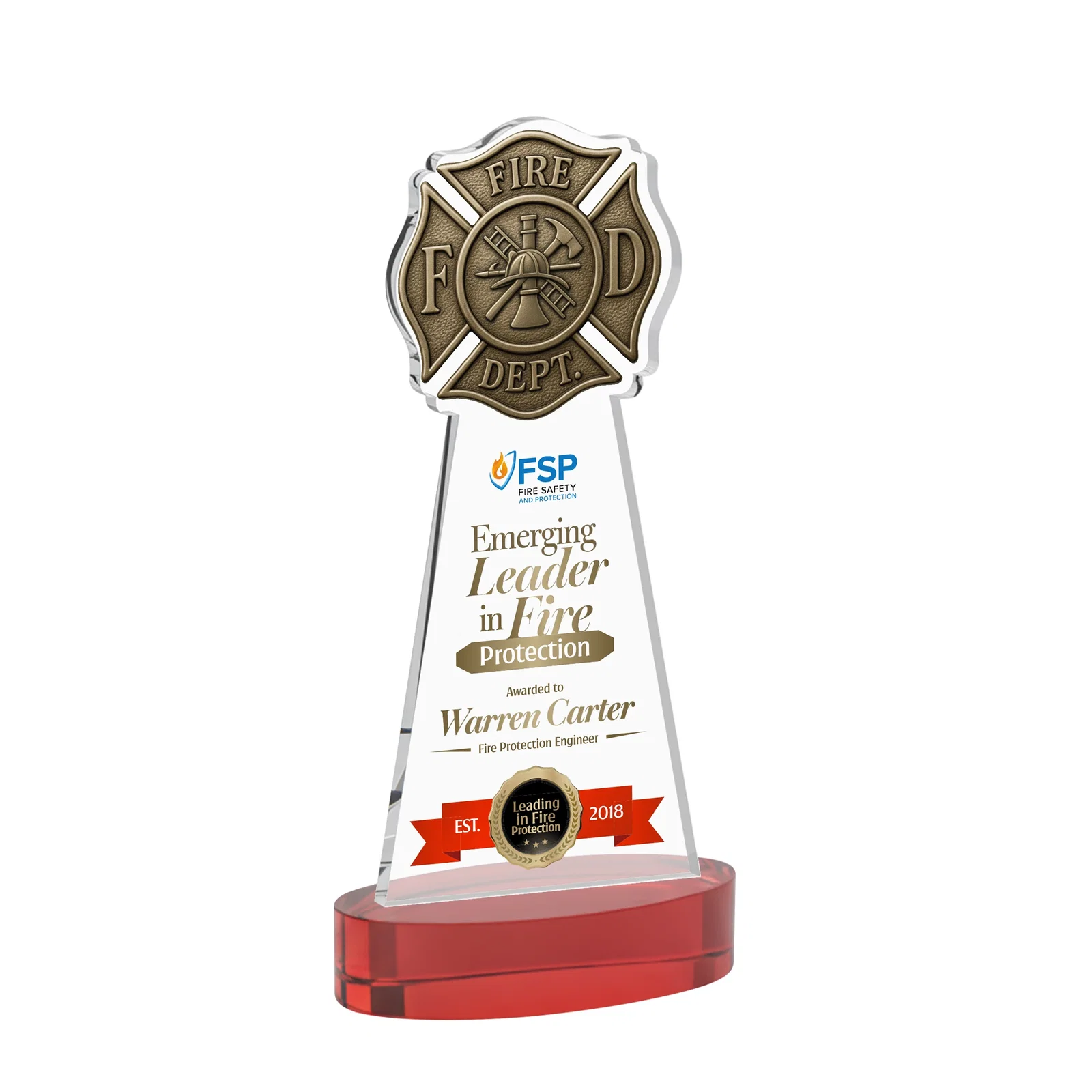 Customized Starfire Crystal Fire Department Award on Round Alberton Base for corporate award ceremonies