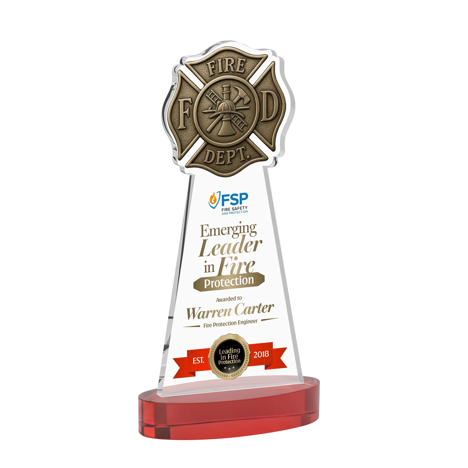 Customized Starfire Crystal Fire Department Award on Round Alberton Base for service anniversary gifts