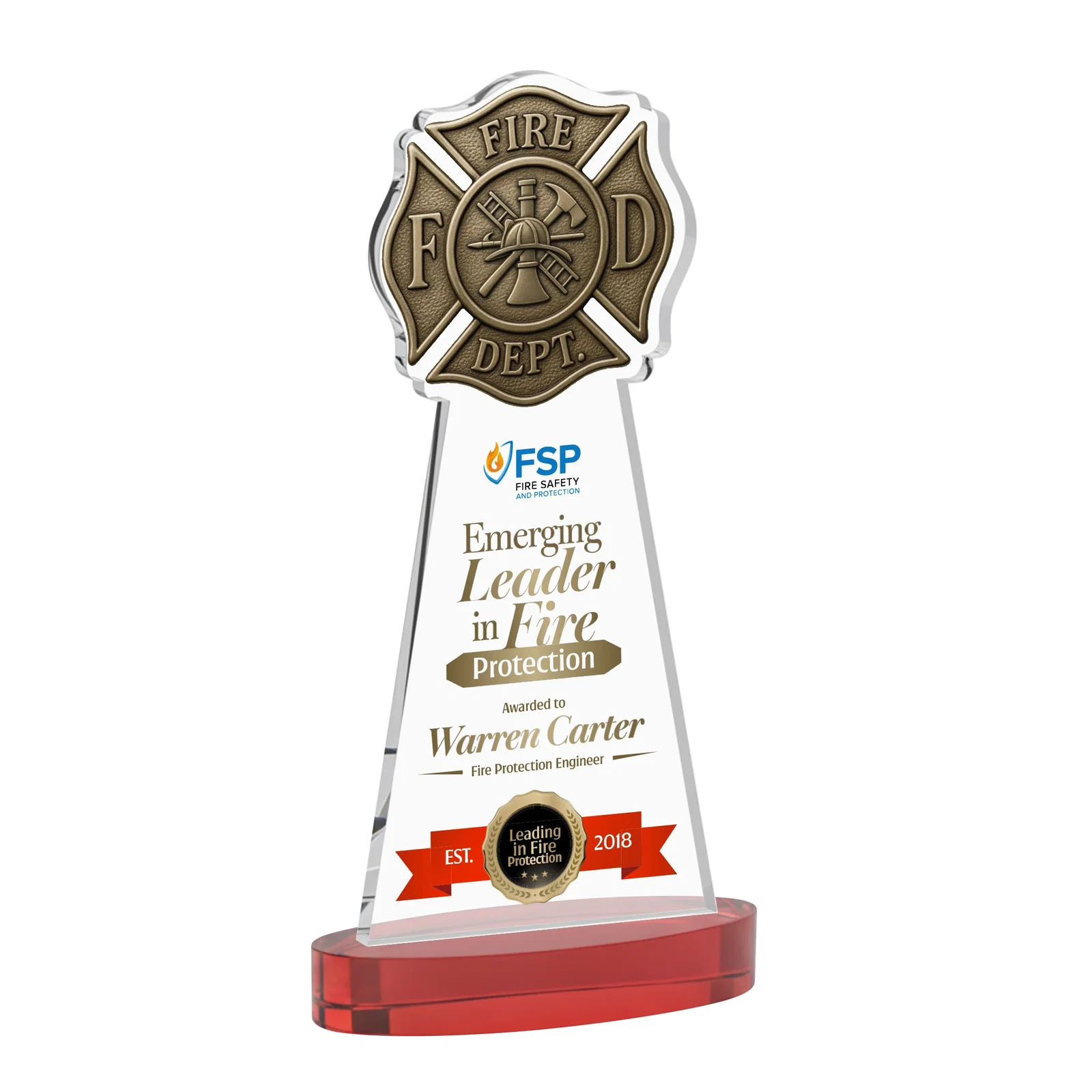 Customized Starfire Crystal Fire Department Award on Round Alberton Base for sales achievement awards