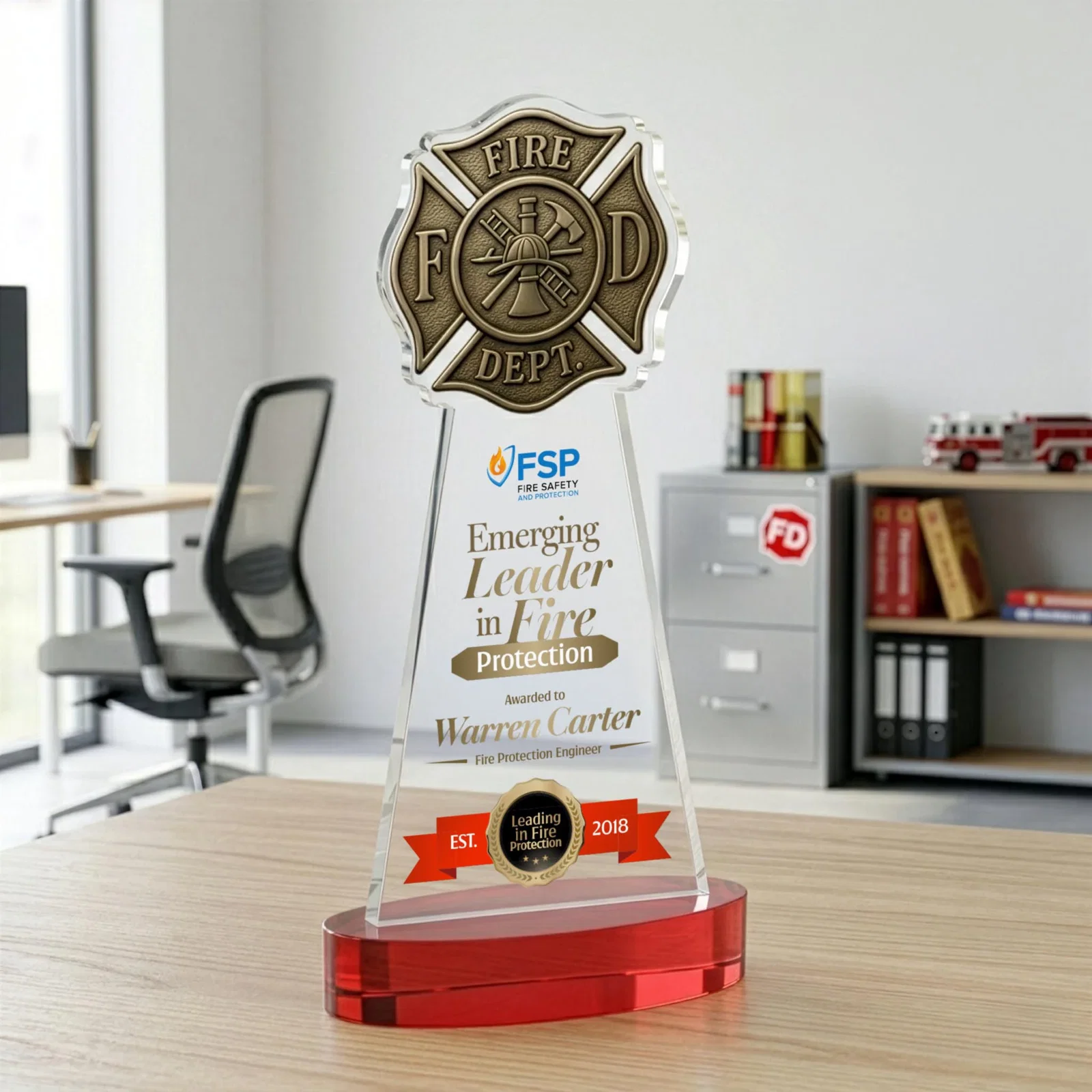 Customized Starfire Crystal Fire Department Award on Round Alberton Base for retirement presentations