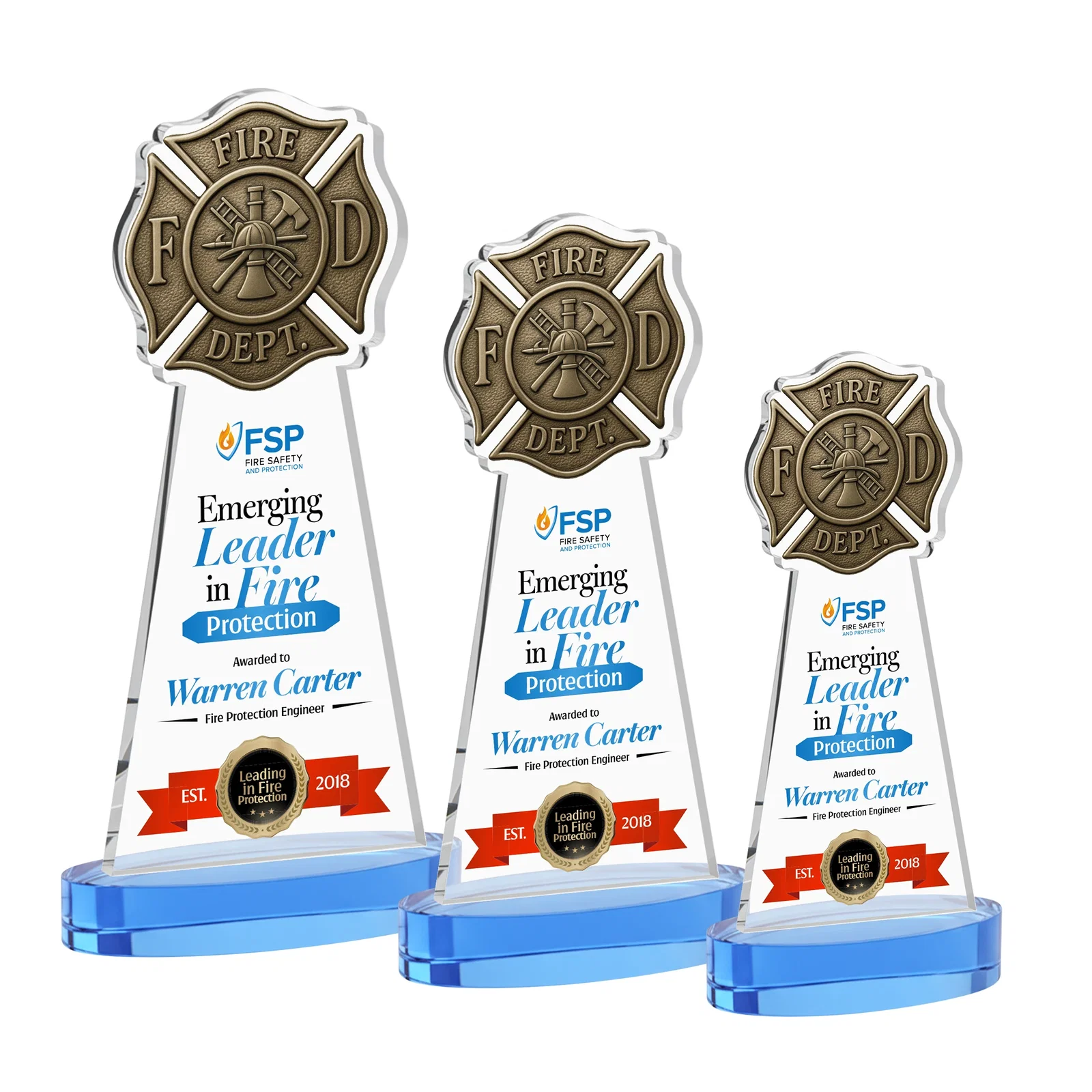 Customized Starfire Crystal Fire Department Award on Round Alberton Base for team milestone celebrations
