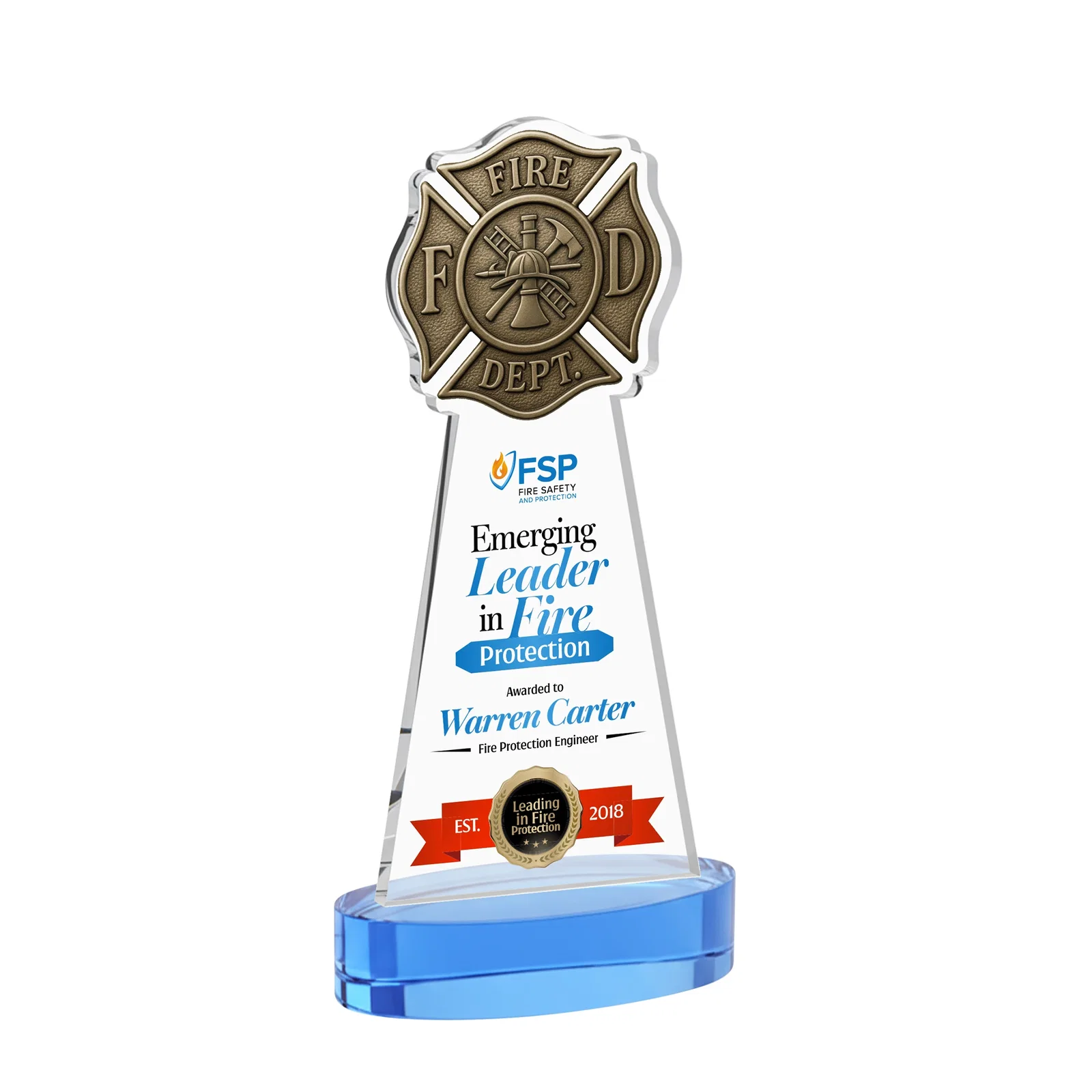 Customized Starfire Crystal Fire Department Award on Round Alberton Base for donor appreciation