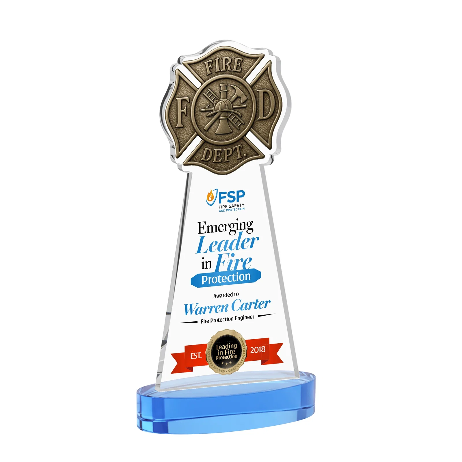 Customized Starfire Crystal Fire Department Award on Round Alberton Base for graduation ceremonies