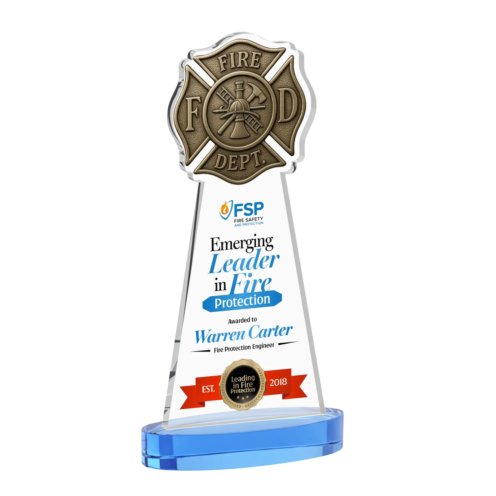 Customized Starfire Crystal Fire Department Award on Round Alberton Base for safety achievement programs