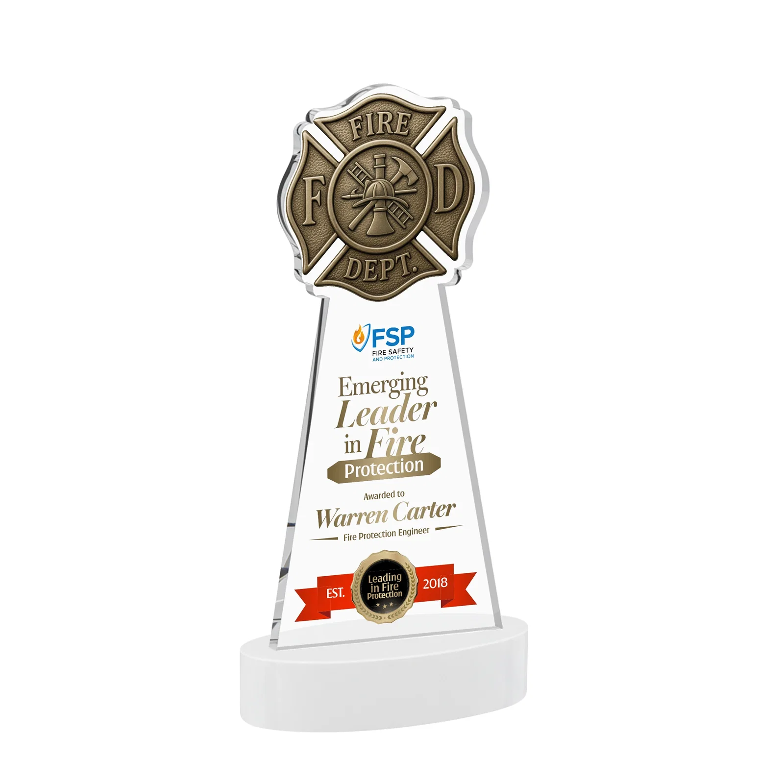 Customized Starfire Crystal Fire Department Award on Round Alberton Base for dealer and partner awards