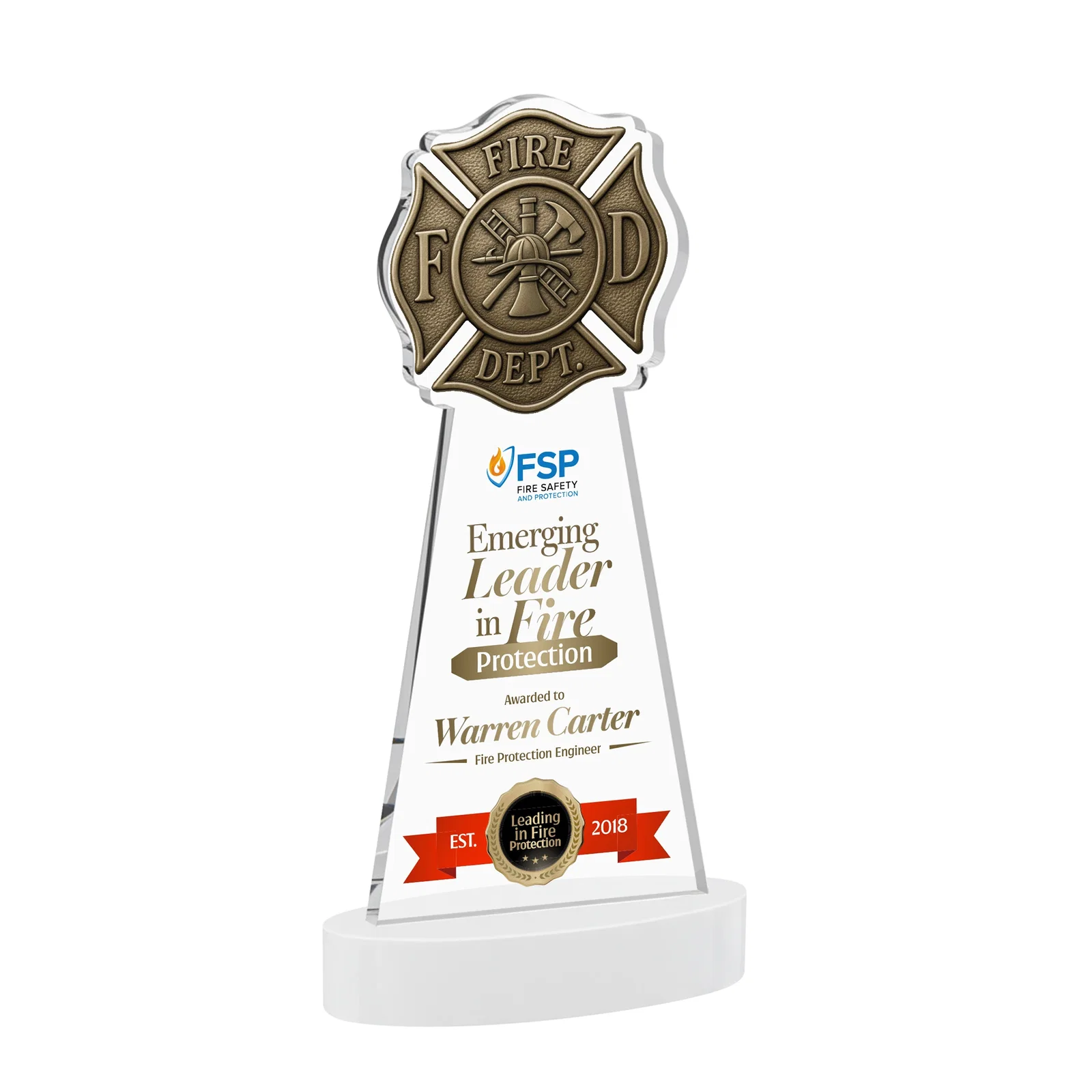 Customized Starfire Crystal Fire Department Award on Round Alberton Base for company anniversary events