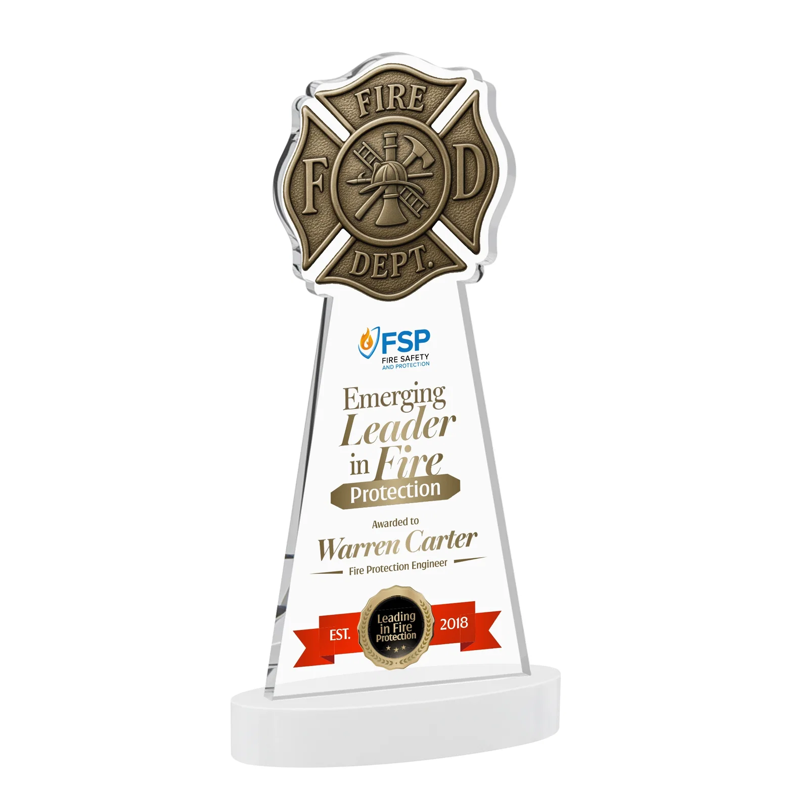 Custom engraved Starfire Crystal Fire Department Award on Round Alberton Base for employee recognition