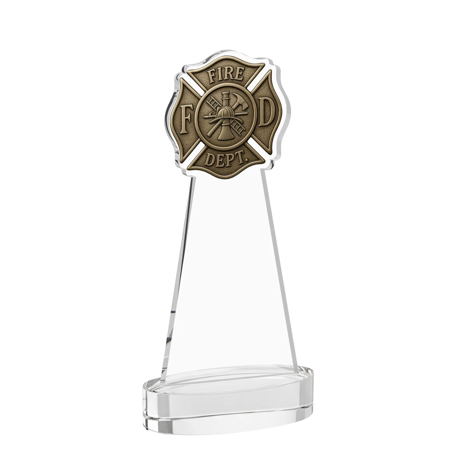 Custom engraved Starfire Crystal Fire Department Award on Round Alberton Base for corporate award ceremonies