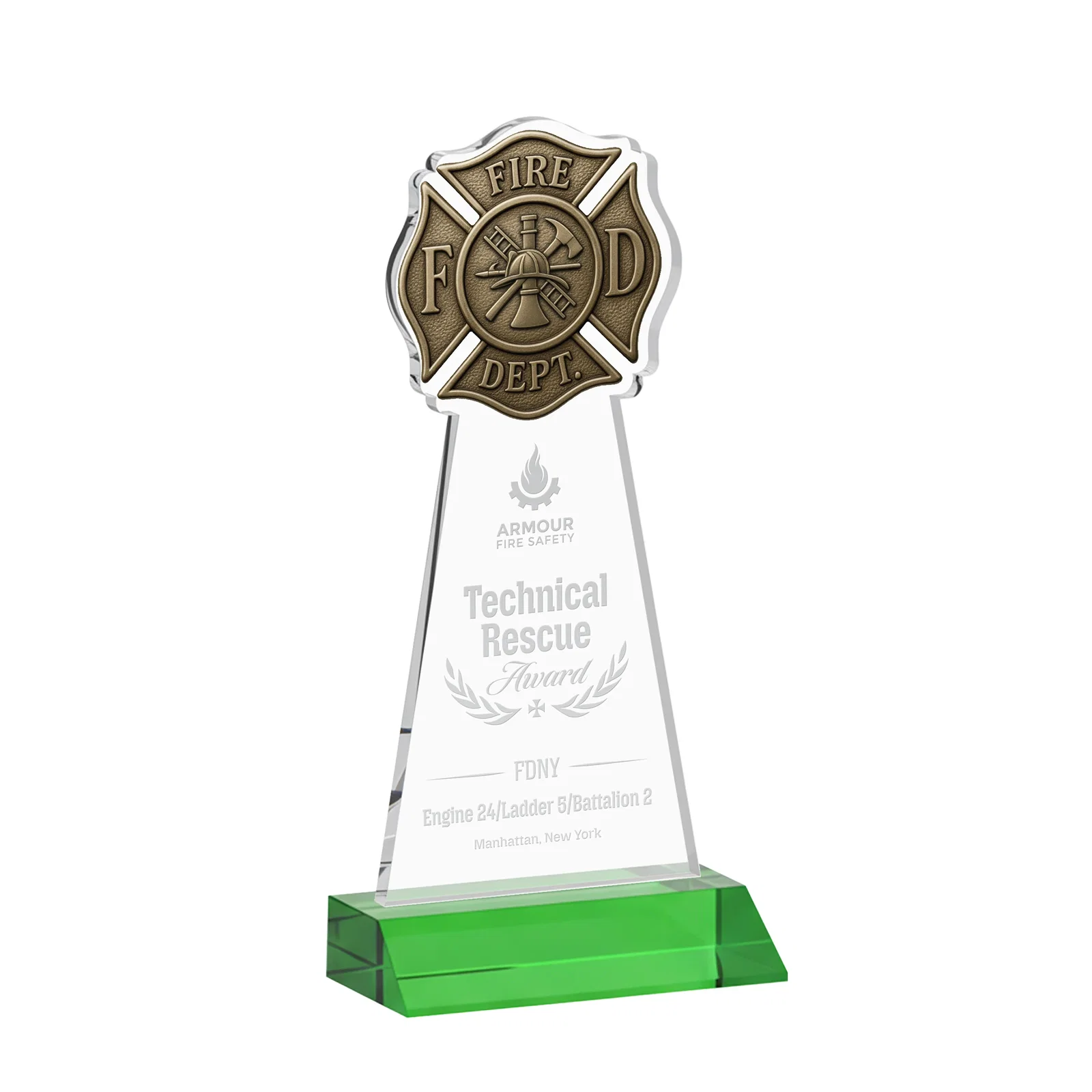 Custom Starfire Crystal Fire Department Award on Front-Mitered Base for volunteer appreciation