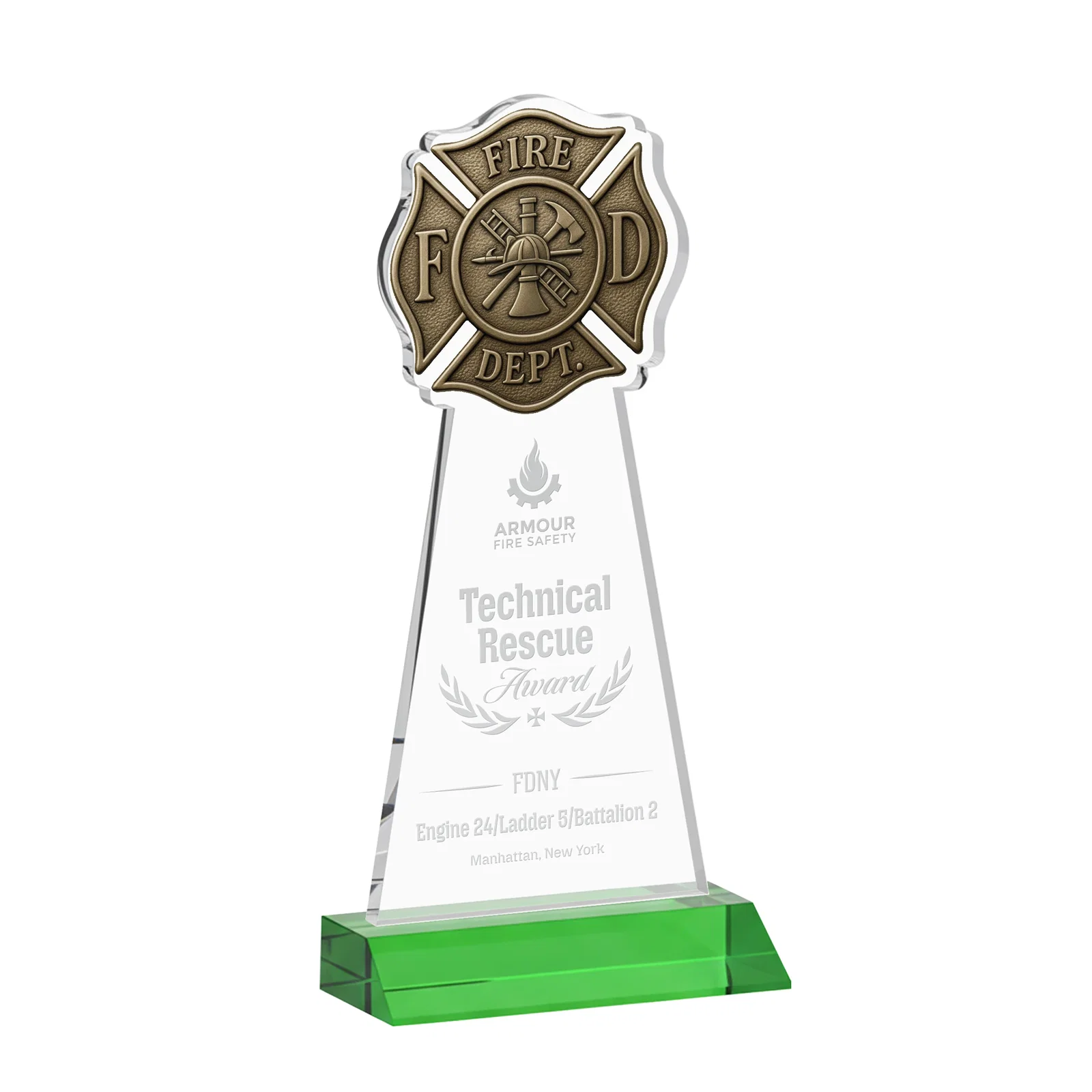 Custom Starfire Crystal Fire Department Award on Front-Mitered Base for dealer and partner awards