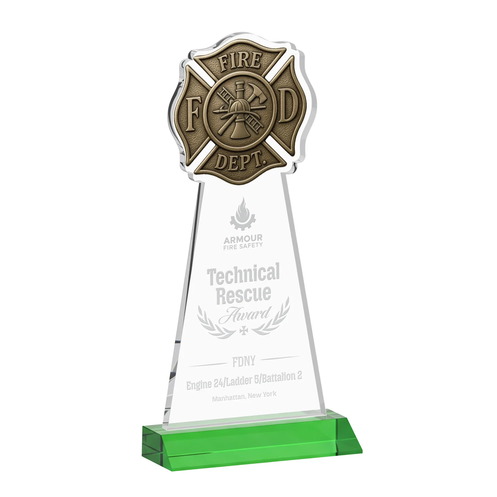 Custom Starfire Crystal Fire Department Award on Front-Mitered Base for company anniversary events