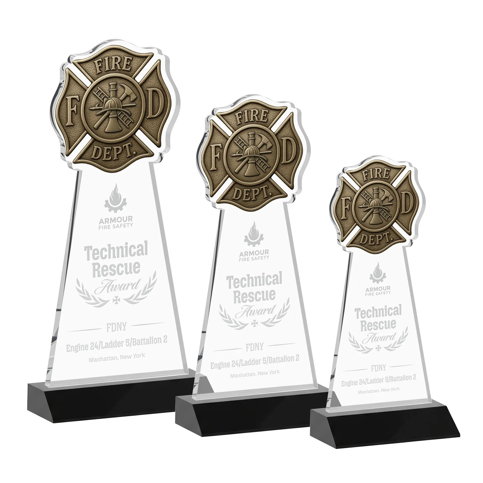 Personalized Starfire Crystal Fire Department Award on Front-Mitered Base for employee recognition