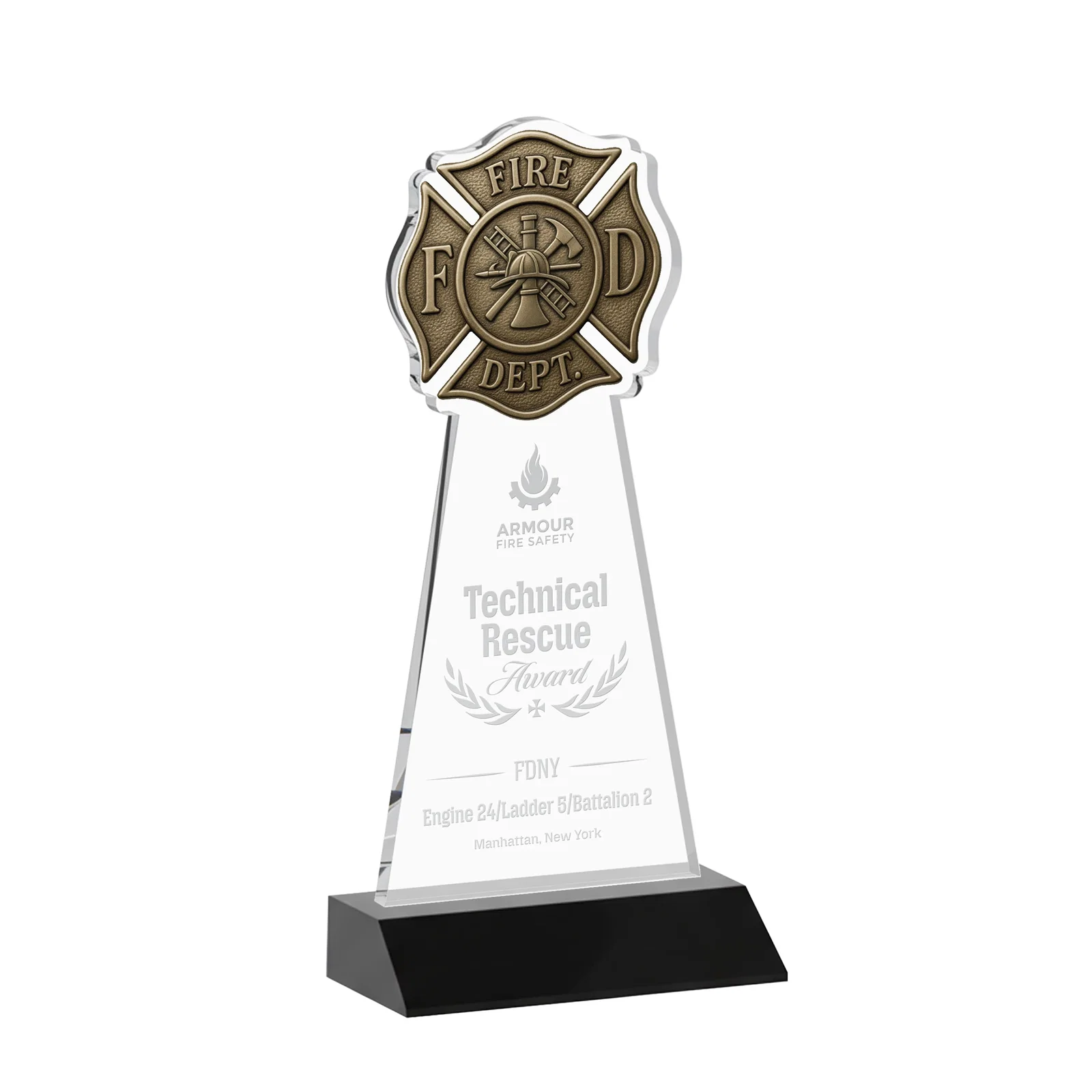 Personalized Starfire Crystal Fire Department Award on Front-Mitered Base for corporate award ceremonies