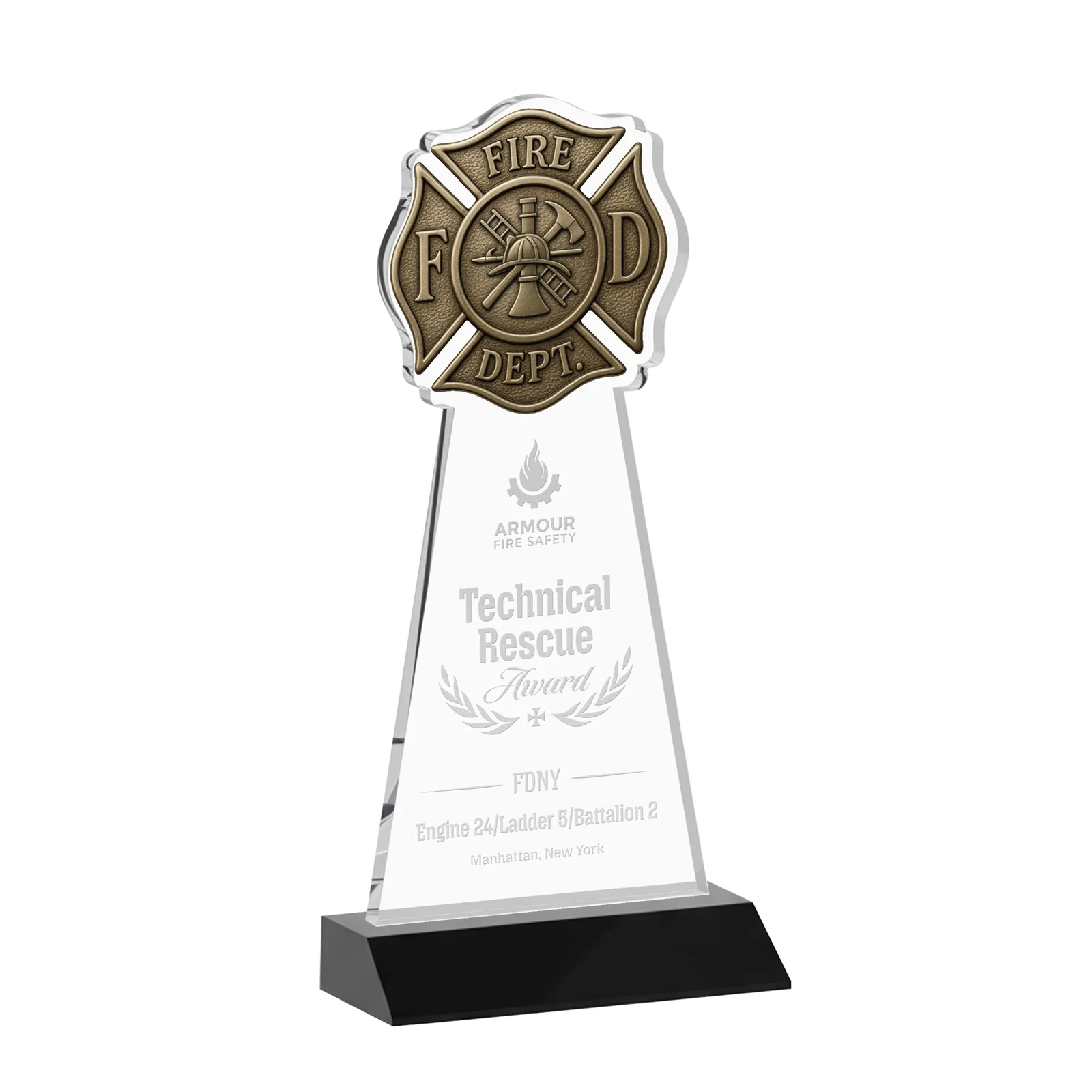 Personalized Starfire Crystal Fire Department Award on Front-Mitered Base for service anniversary gifts