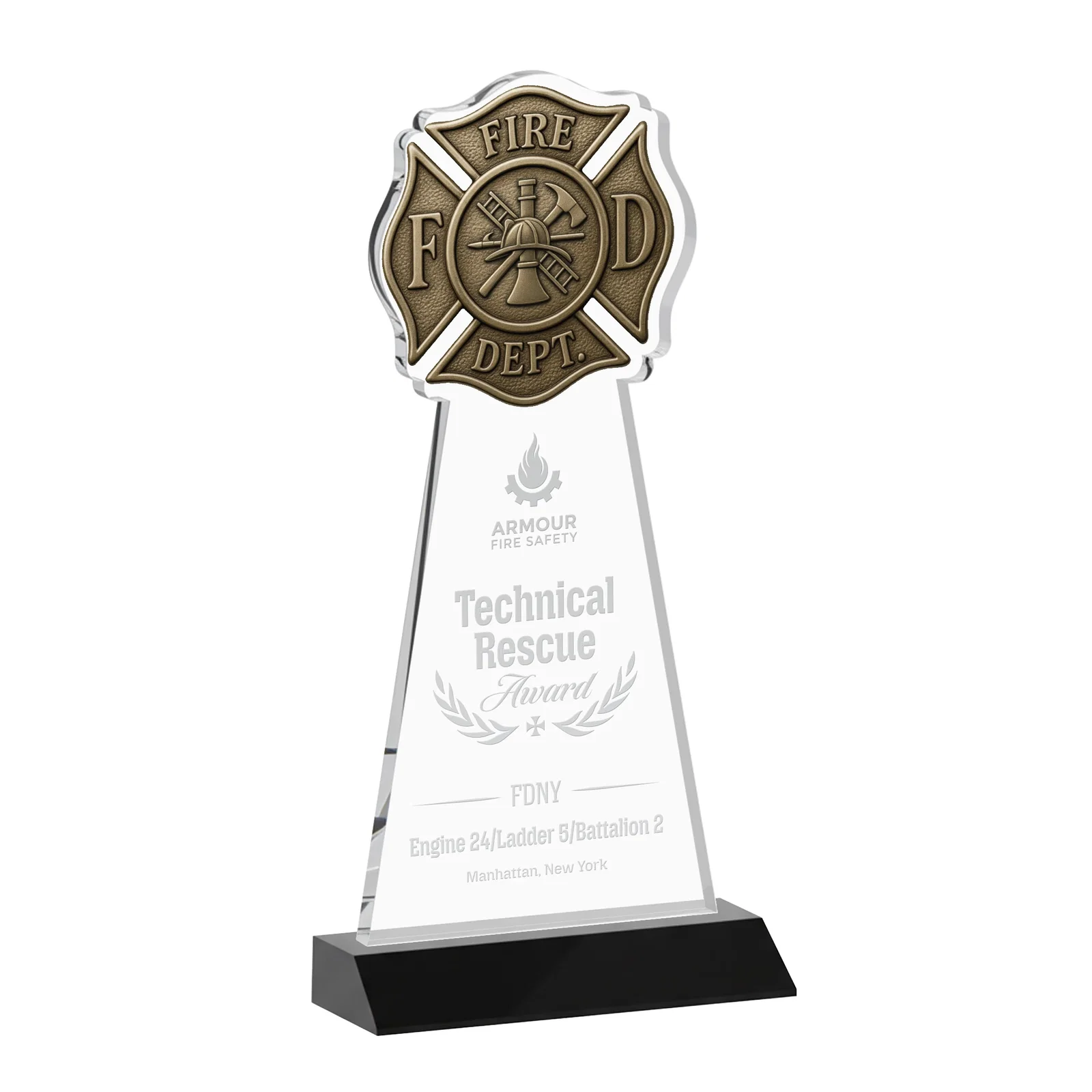 Personalized Starfire Crystal Fire Department Award on Front-Mitered Base for sales achievement awards