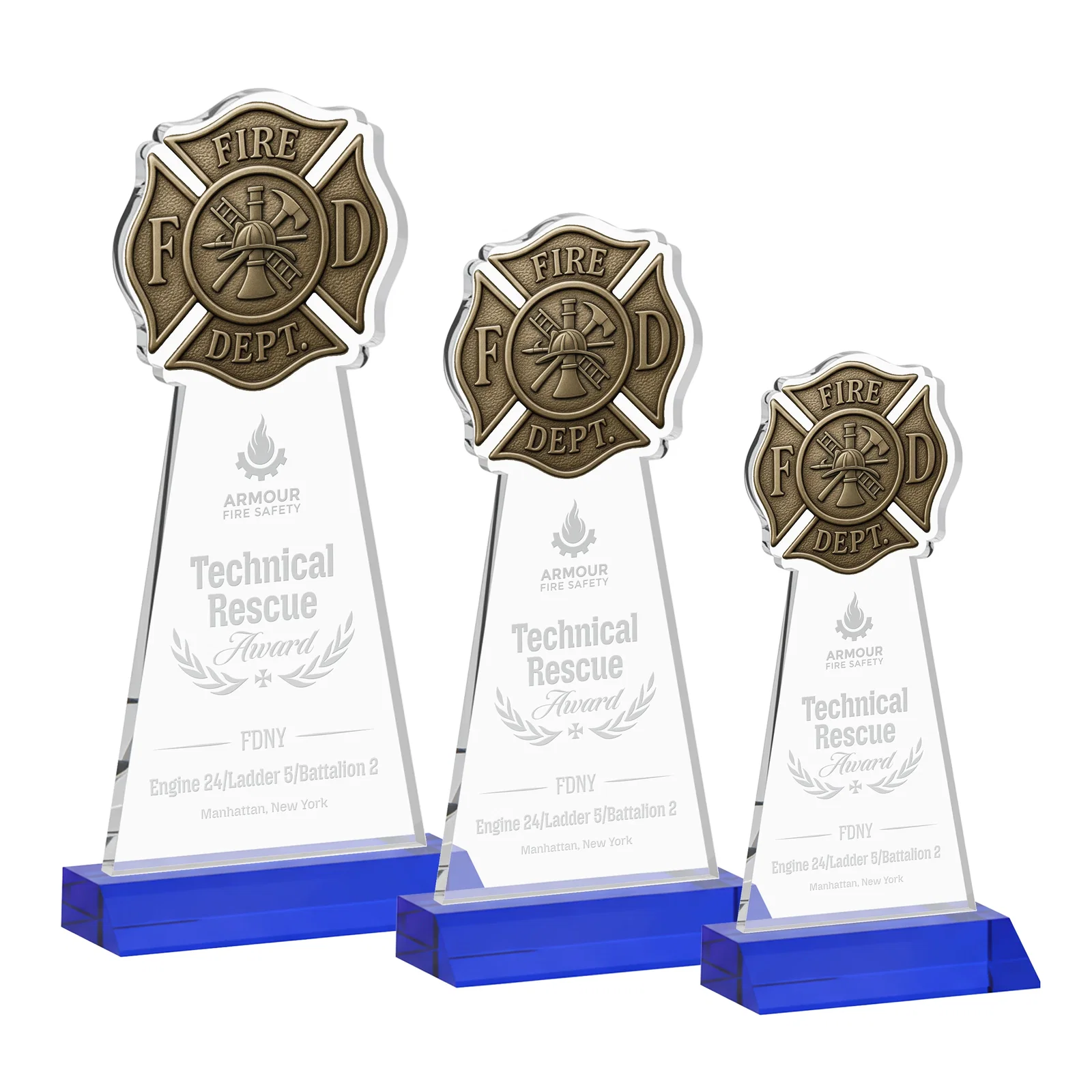 Personalized Starfire Crystal Fire Department Award on Front-Mitered Base for retirement presentations