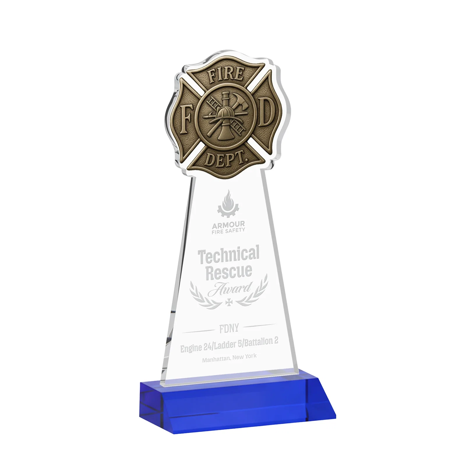 Personalized Starfire Crystal Fire Department Award on Front-Mitered Base for team milestone celebrations