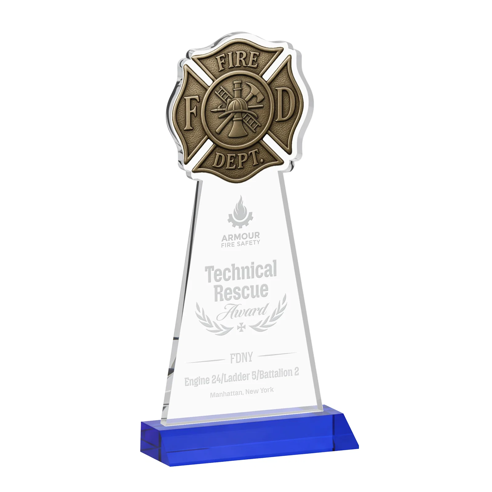 Personalized Starfire Crystal Fire Department Award on Front-Mitered Base for graduation ceremonies