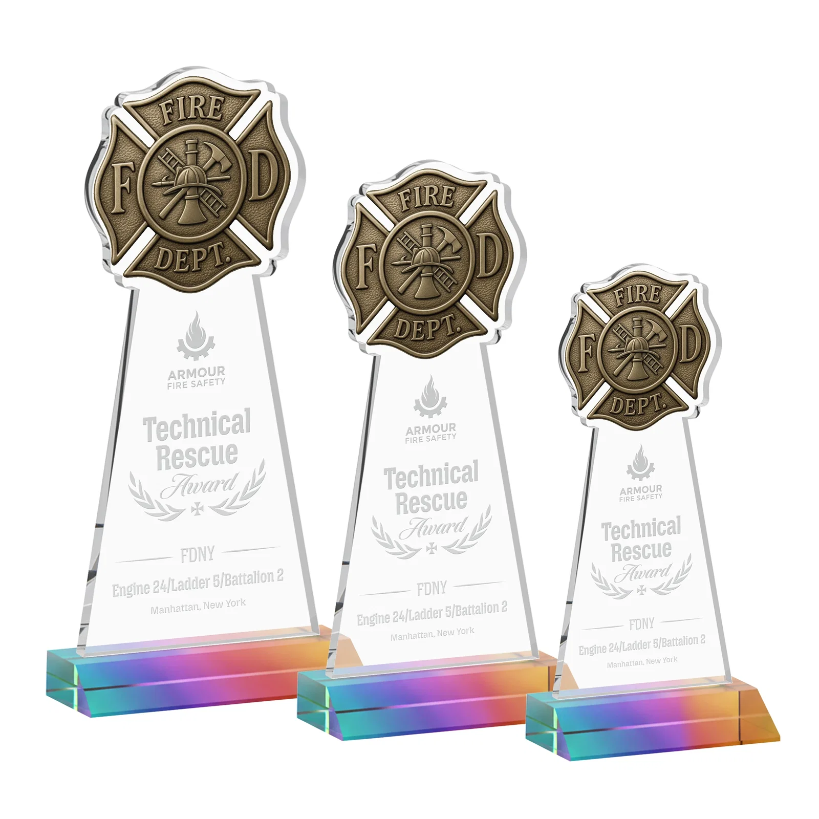 Personalized Starfire Crystal Fire Department Award on Front-Mitered Base for safety achievement programs